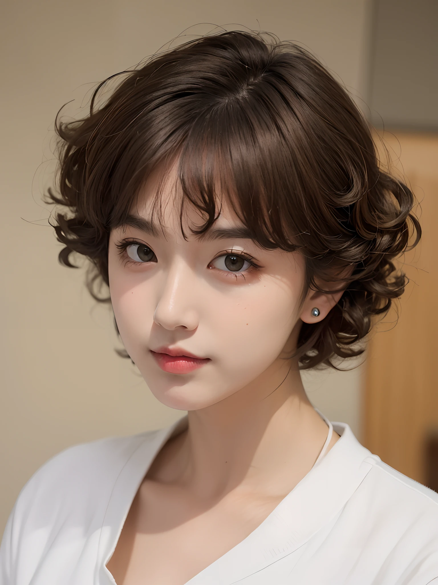 High quality, 8k, brown skin, medium nose, medium mouth, curly hair, short hair, looking at the camera