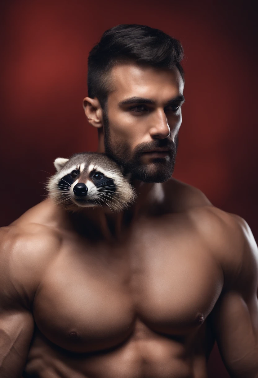 Muscular human with raccoon head