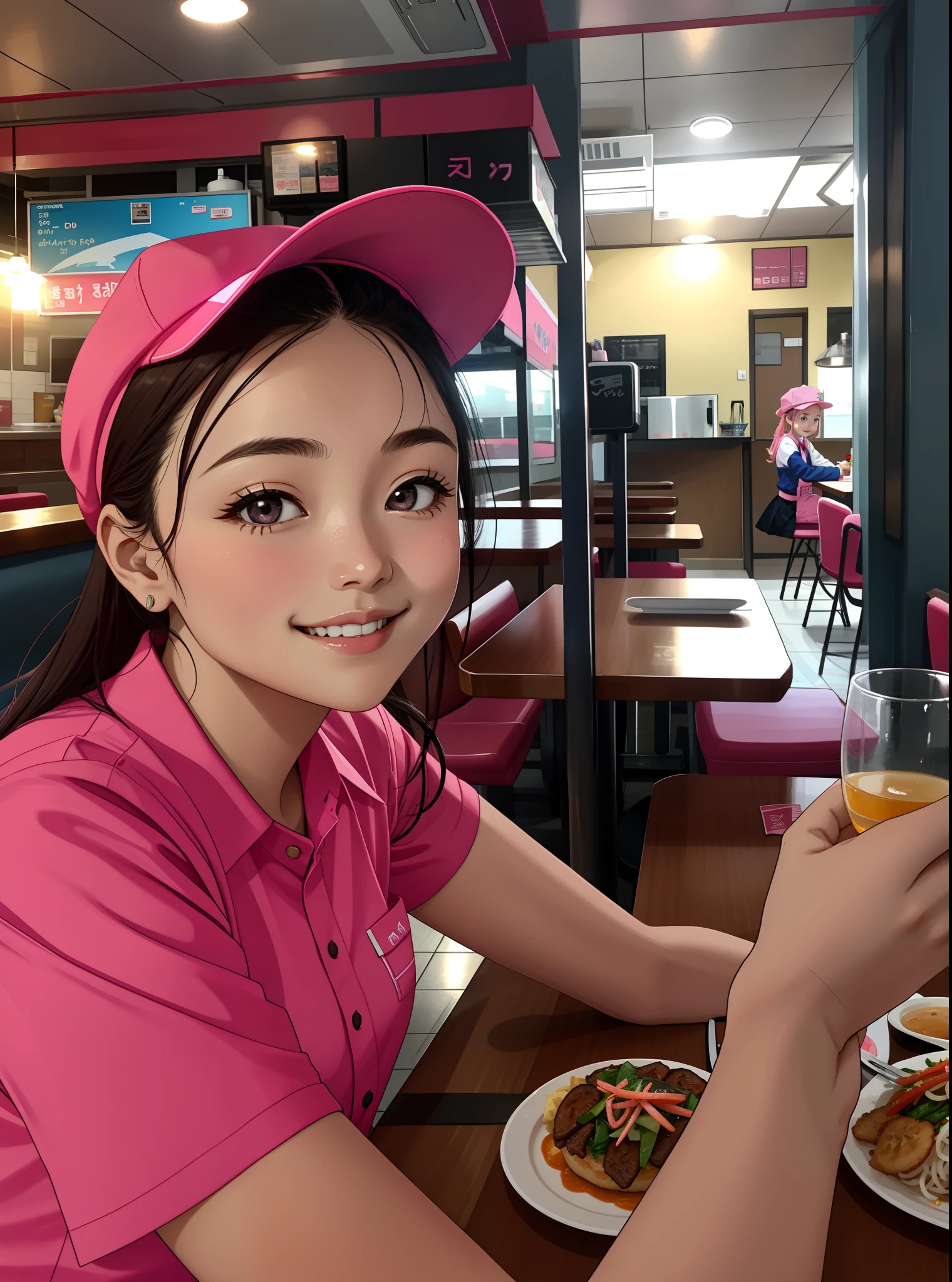 A smiling woman in a pink shirt and pink hat sits at a table with a plate of food., Very tasty., yummy, Pretty woman, nivanh chanthara, anime thai girl, thawan duchanee, ( waiter ) youthful, vietnamese woman, with a happy expression, restaurant!!, with a beautifull smile, beautiful girl, A Beautiful Girl, Wear RR Diner uniform