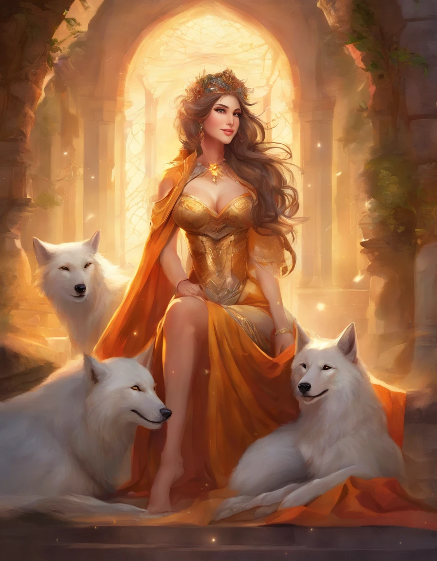 masterpiece, best quality, detailed, happy lighting, female, smiling, facing viewer, canine, wolf, hair, large breasts, huge breasts, golden eyes, wide hips, sexy pose, long tail, a shortstack anthro girl, sexy clothes, sitting, legs open, legs wide open