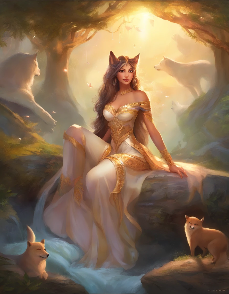 masterpiece, best quality, detailed, happy lighting, female, smiling, facing viewer, canine, wolf, hair, large breasts, huge breasts, golden eyes, wide hips, sexy pose, long tail, a shortstack anthro girl, sexy clothes, sitting, legs open, legs wide open