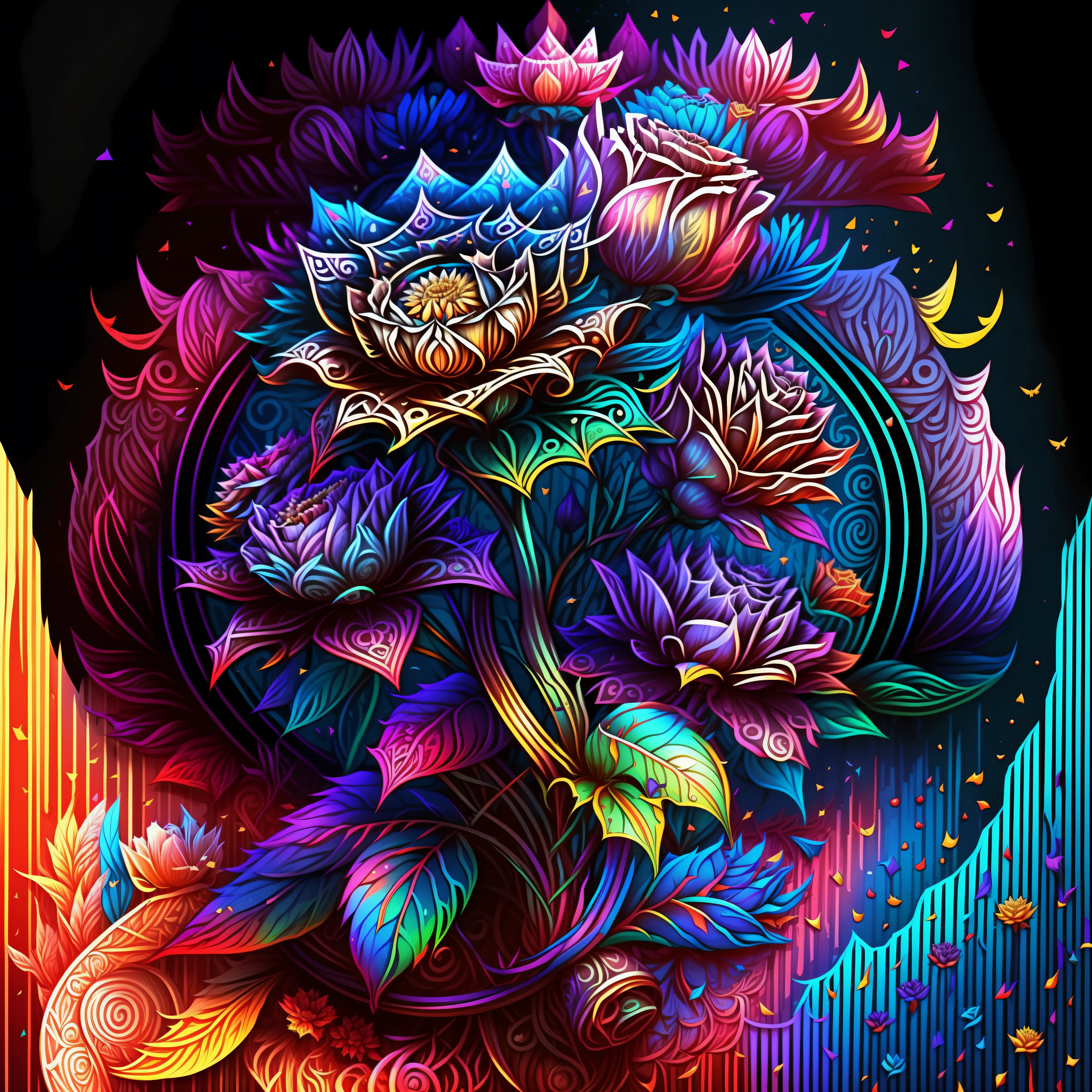 a colorful flower with a black background, colorful mandala, mandala art, lotus mandala, mandala ornament, super detailed color art, mandalas, rainbow gradient bloom, colorful intricate masterpiece, detailed art in color, intricate colorful masterpiece, mandalas, super detailed color art, psychedelic art style, intricate colorful, ornate flower design, vibrant high contrast coloring, multicolored vector art