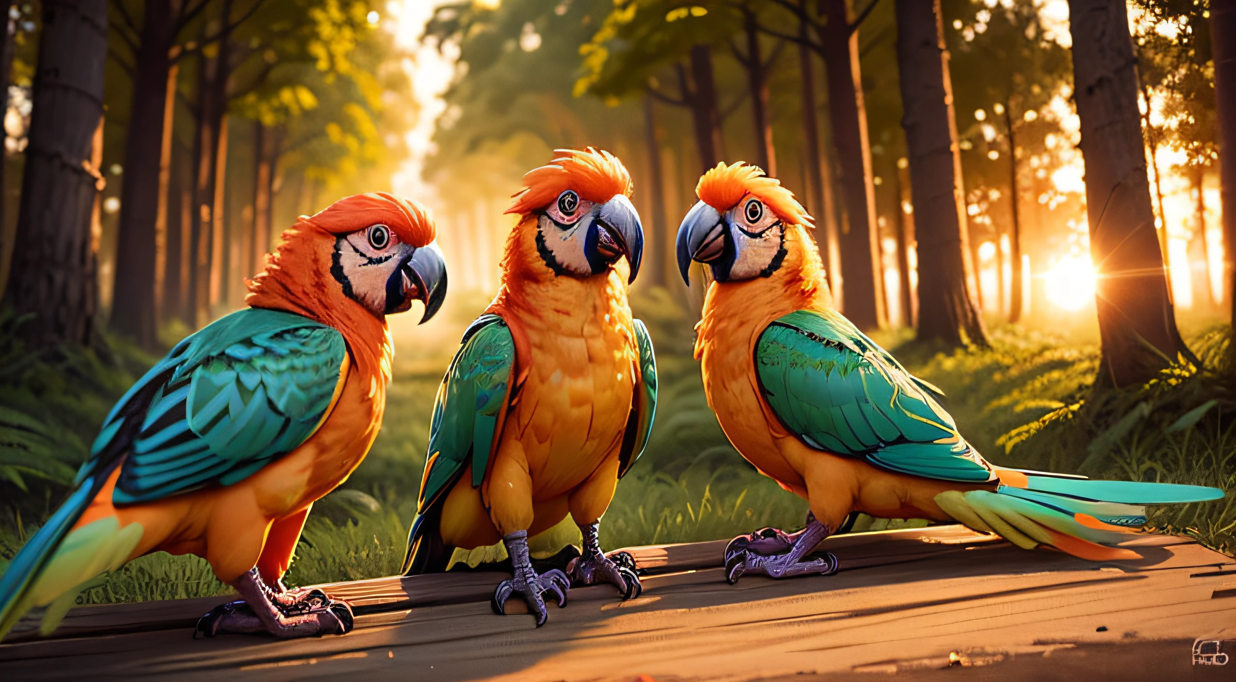 party on forest with orange parrots, Pixar Style Movie, so cute, pretty eyes, so cute, bright eyes, adorables orange parrots, full orange color parrots, dancing parrots, Campfire in the Glade, amazing sunset