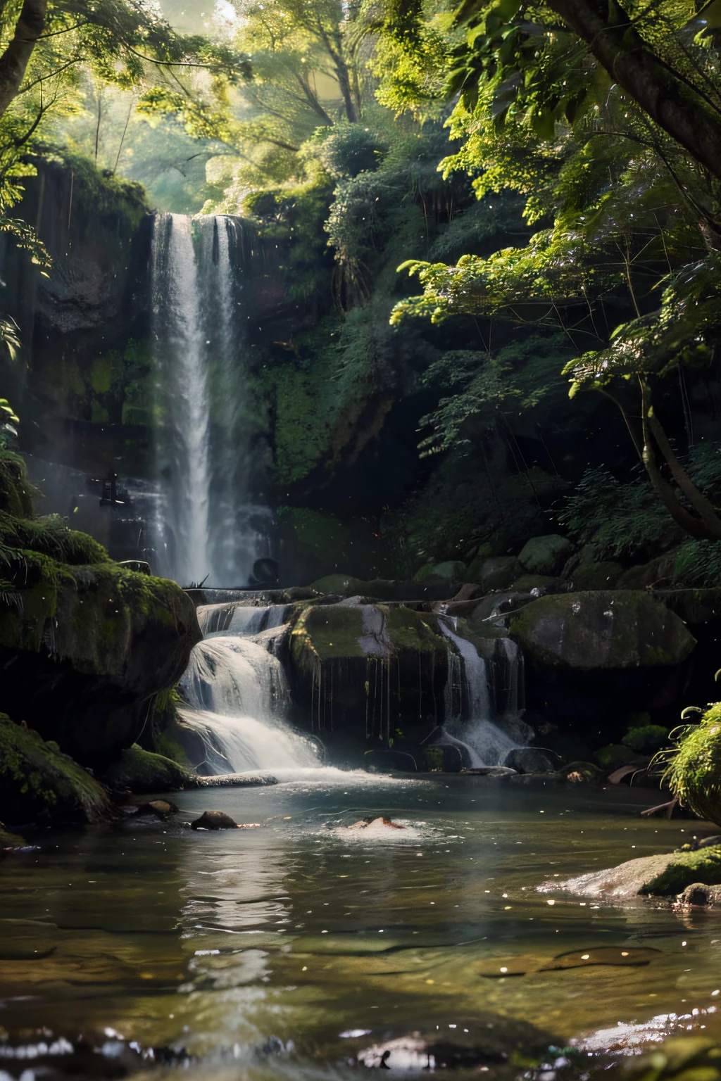 sprawling waterfall,gentle flowing water,surrounding lush greenery,misty and tranquil atmosphere,serene and soothing sounds,natural cascades,harmonious nature blend,(best quality,4k,highres:1.2),(realistic,photorealistic:1.37),ultra-detailed,stunning landscape,calming and peaceful,majestic water formation,refreshing scenery,zen-like ambiance,perfect harmony of water and nature,dreamy paradise, capturing the essence of relaxation and meditation,soft sunlight filtering through trees