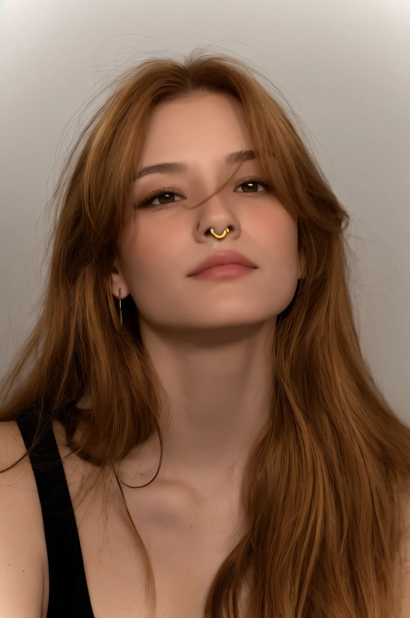 Un primer plano de una mujer con un piercing en la nariz y una camiseta negra sin mangas, Anillo nasal, septum piercing, Piercing en la nariz, Slim button nose, Smaller nose, small lips pointy nose, Inspirado en Elden Ring, Julia Hetta, sin nariz, nariz delgada, small, straight nose, small-nose, small-nose, Small round face, fosas nasales grandes