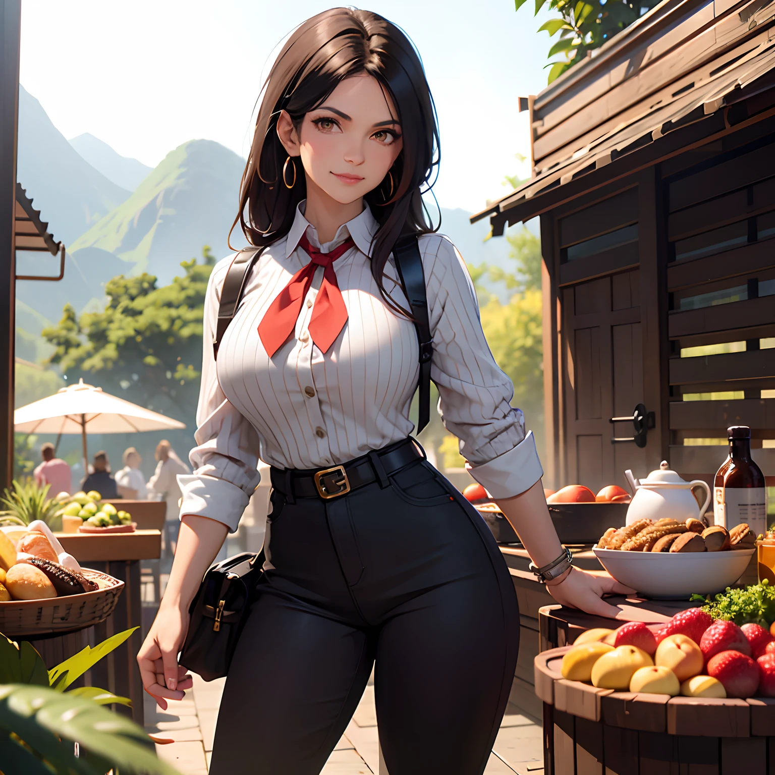 Denise Milani, latina, dark skin, brown hair, long hair, red neckerchief, Denise Milani body type, beautiful, smile, Amazon River explorer from the 1920s, gun holster on hip, gun in holster, white pinstripe button up shirt, shirt unbuttoned, shirt tucked into brown pants, Brazilian marketnshops, vendors, outside, chatting with viewer, holding ore