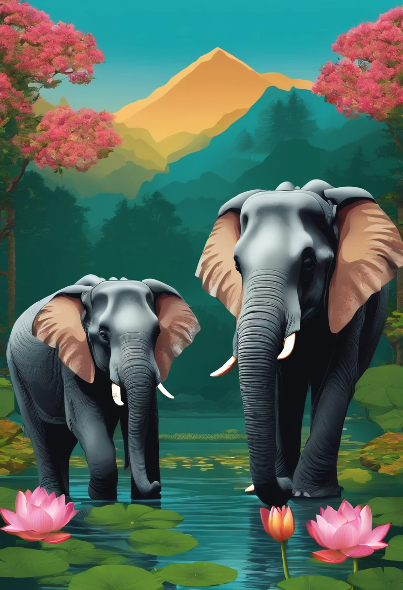 Two elephants in the forest, near the mountain, there is a pond, there are colorful lotus flowers in the pond. Vector in the style of art and architecture, Buddhism, Taxidermy, Surrealism. High resolution