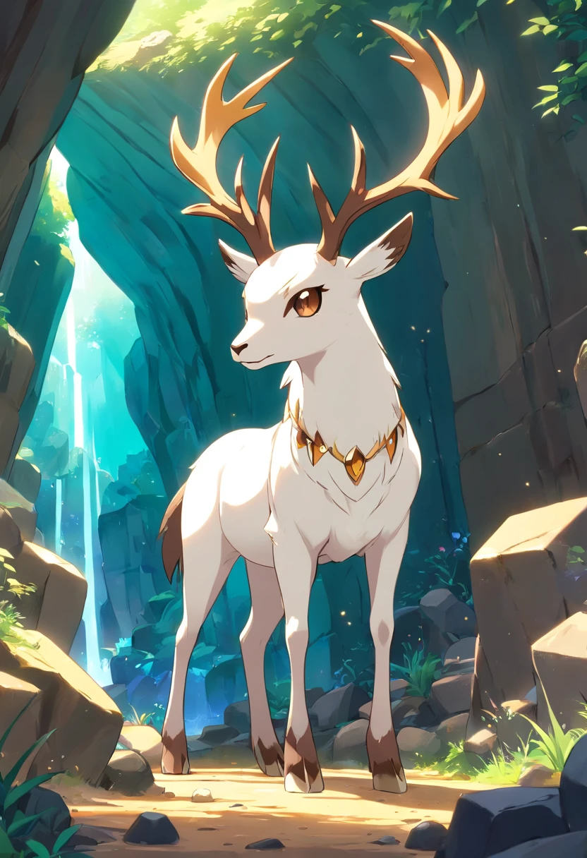 a detailed anime drawing of a huge ornate ((white and brown)) female deer resembling the ((pokemon xerneas)) with ((deep brown eyes)) and dark brown rocks surrounding its body like a suit of armor with large antlers standing inside of a cave