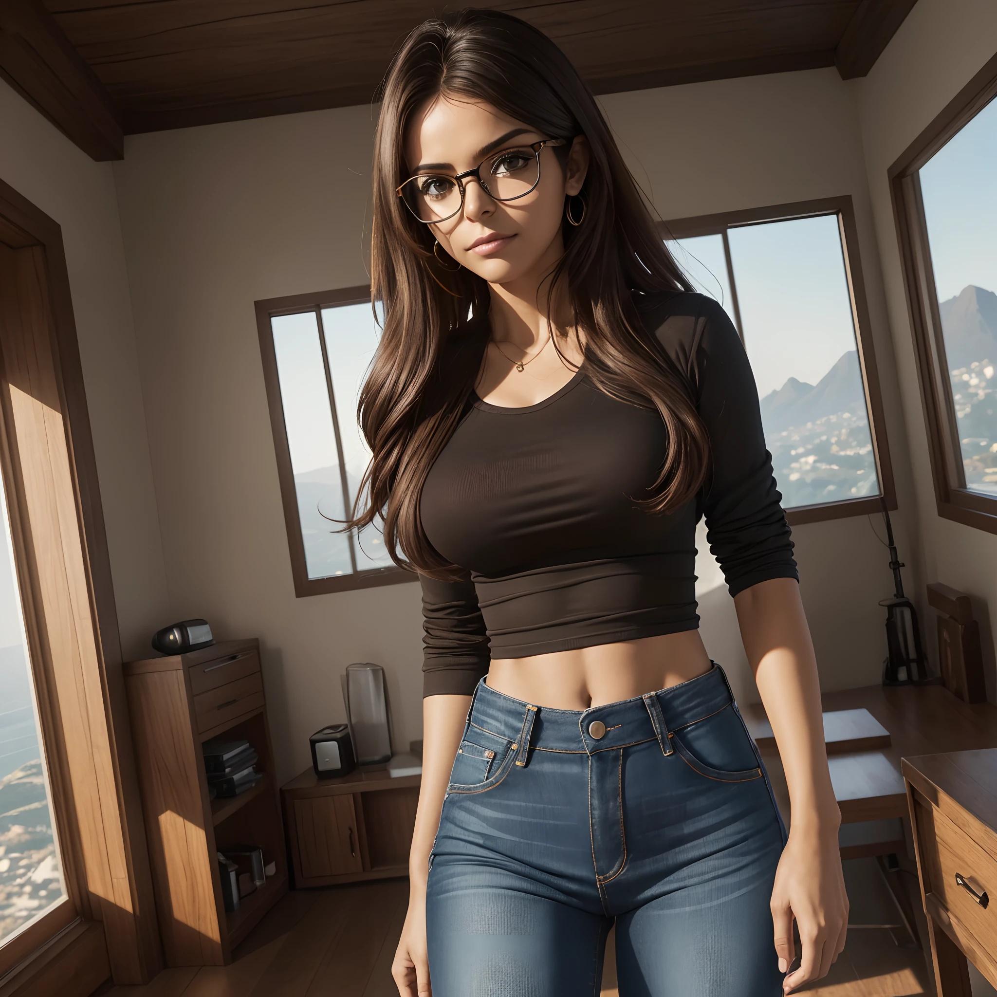 (Melhor qualidade), (Ultra Hd), (Imagem Inteira), (Scenery in a room), (Mulher Magra), (Pele Branca), (Brown and medium-sized hair), (Postura Reta), (With a pair of dark jeans), (Blusinha), (With a pair of glasses on his face).