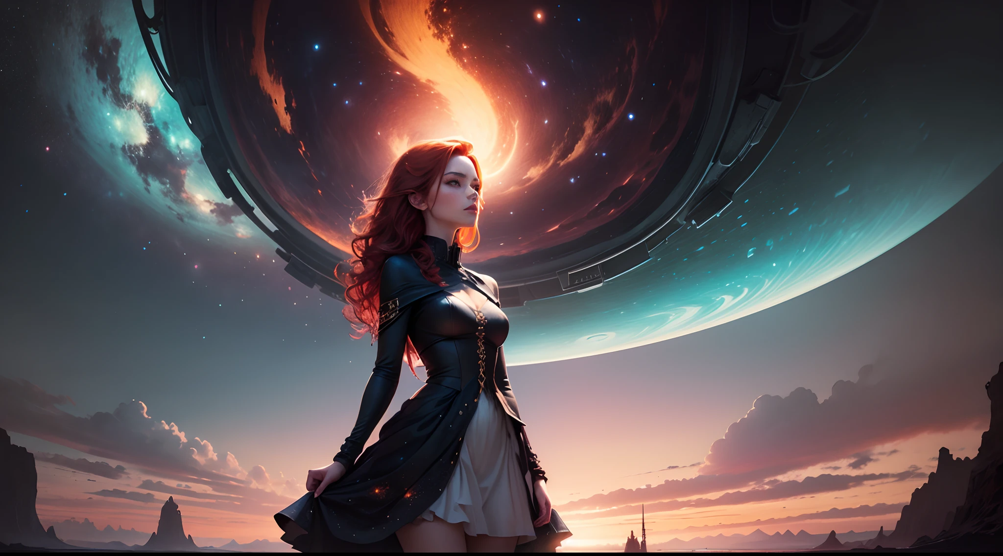 A girl with fiery red hair standing on a lush, alien planet, the sky above filled with swirling galaxies, her dress blending seamlessly with the vibrant landscape - a fusion of science fiction and surrealism.