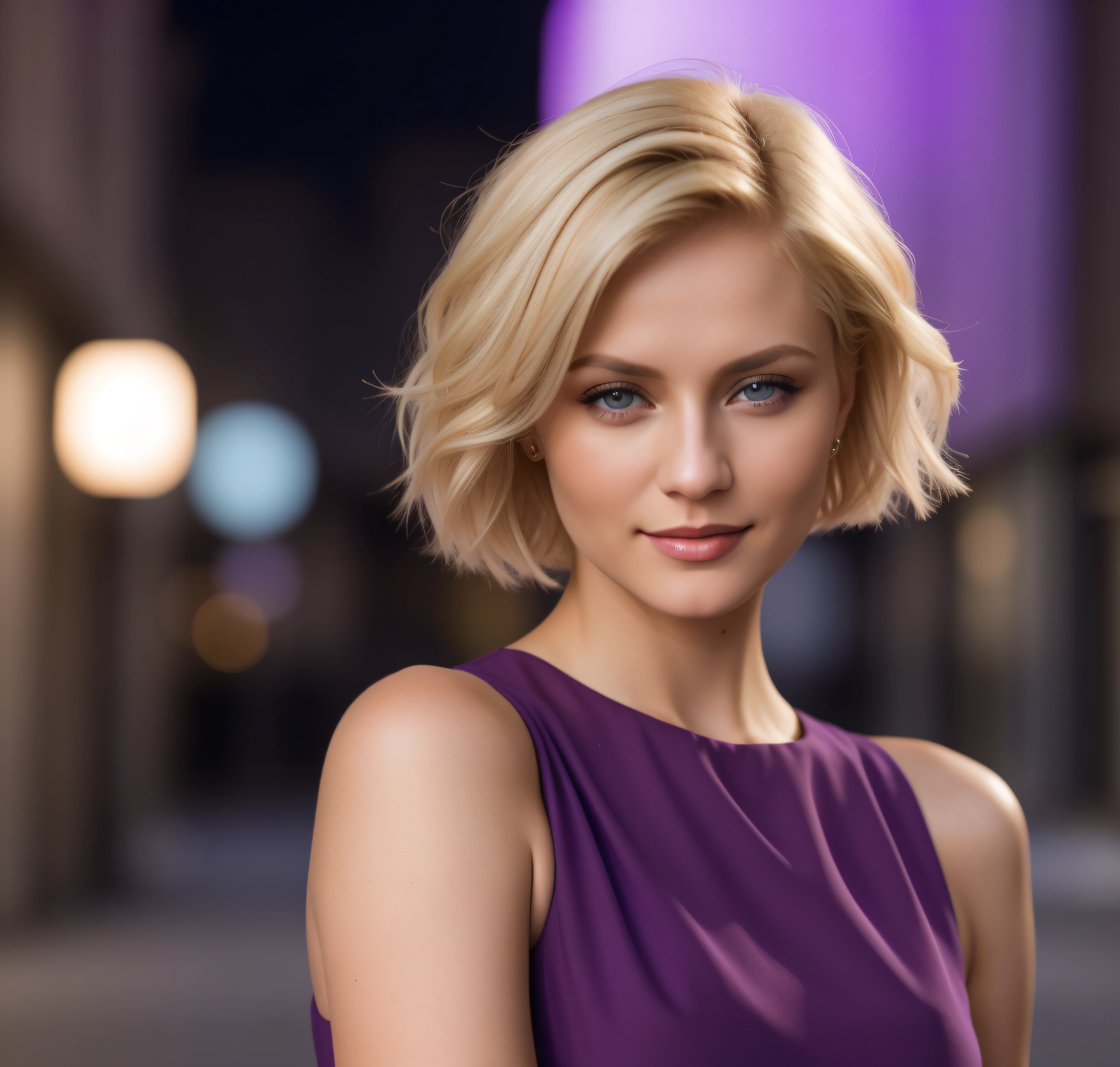 blond woman in purple dress posing in urban setting with street lights, irina nordsol kuzmina, short blond hair, blonde short hair, sleek blond hair, short hair style, short blonde hair, with short hair, elegant fashion model, modern look, chin-length hair, blond bob haircut, jaw-dropping beauty, a gorgeous blonde, jaw dropping beauty, gorgeous elegant attractive