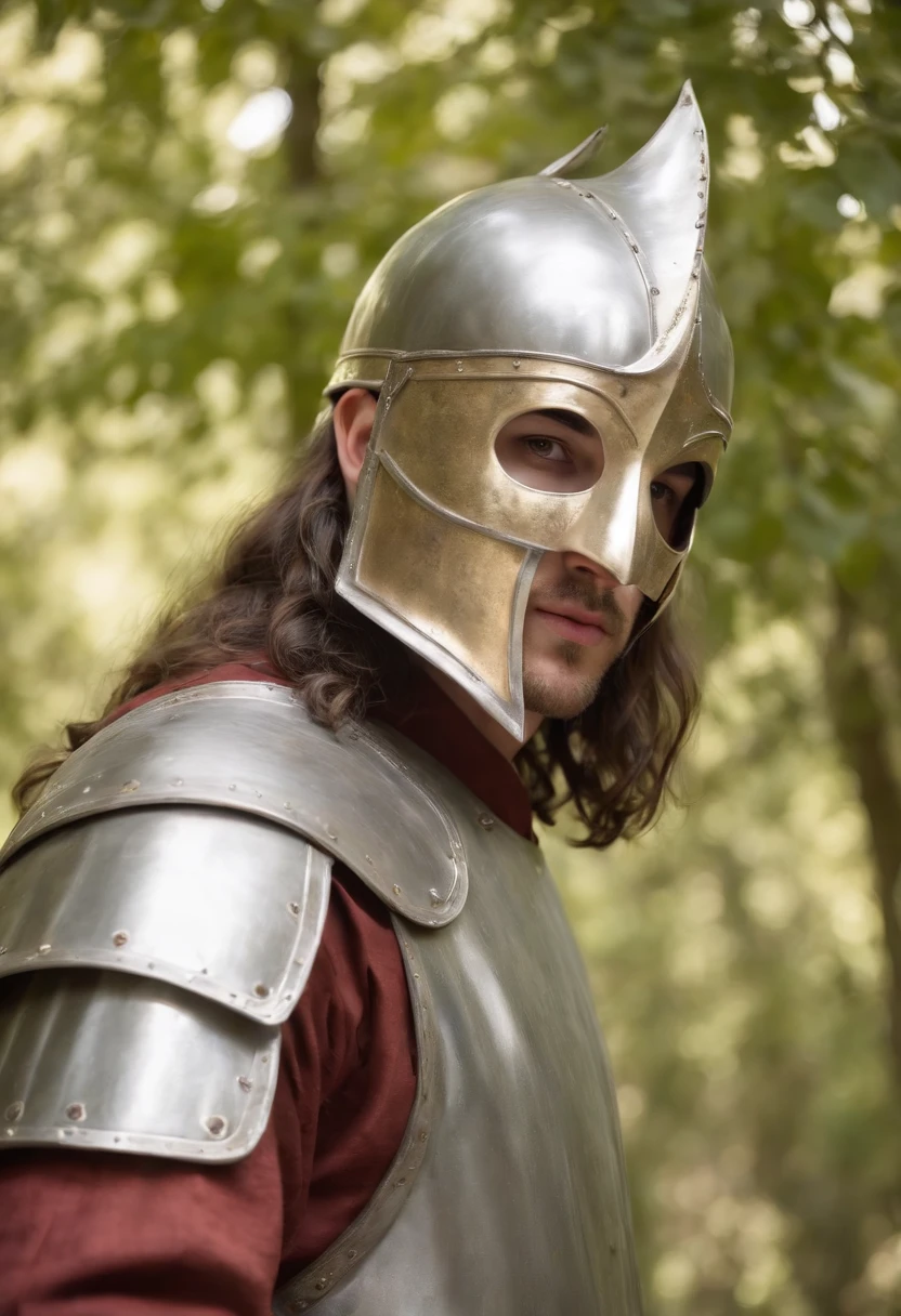 (((Natural light shines through its metallic iron shade))) tez justa, homem em torno de 23 anos, cabelos pretos naturais, olhos castanhos distintos, steel mesh, serio, luz sobre as folhas das arvores da floresta em um ambiente medieval ao ar livre, Ultra sharp focus, tiro realista, roupas masculinas medievais, Mask similar to a shiny metallic iron face, cores tetradicas (cicatriz:1.4)