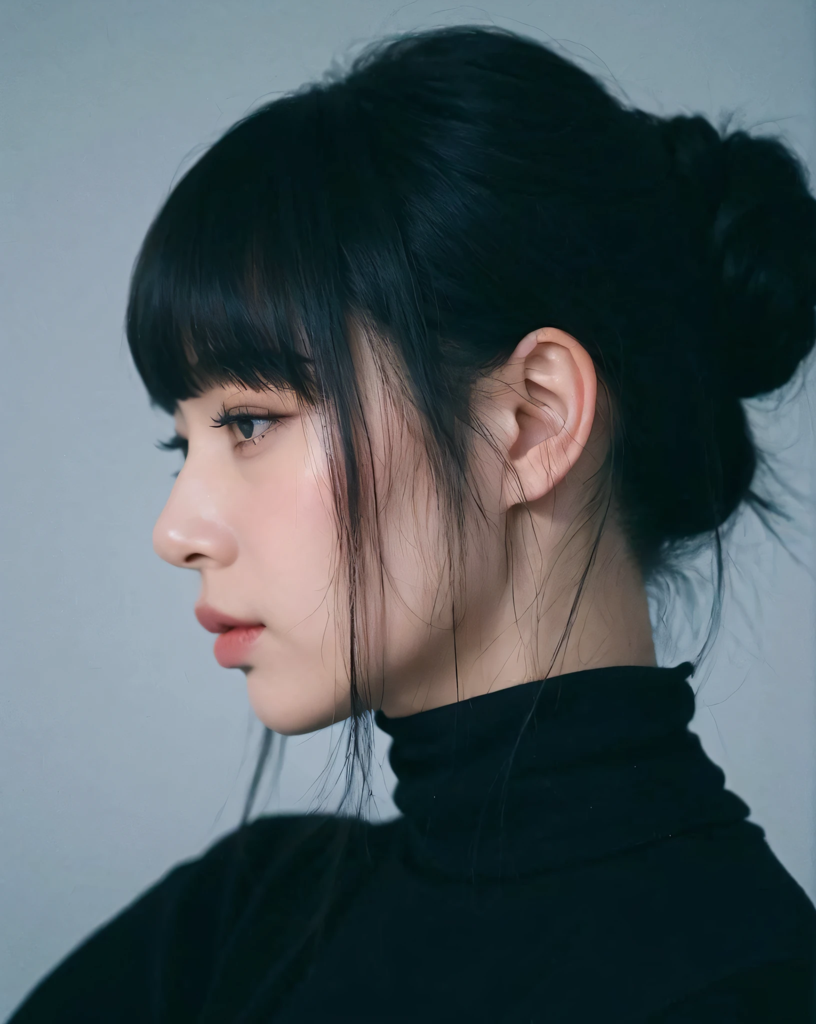 Un primer plano de una mujer con una parte superior negra de cuello de tortuga, Ella tiene el pelo negro con flequillo, Cabello limpio con flequillo, Yoshitomo Nara, Sui Ishida con cabello negro, Chiho, con flequillo completo, con flequillo, Cabello negro Hime cortado, El Corte Hime, Shikamimi, cabello blackbangs cabello