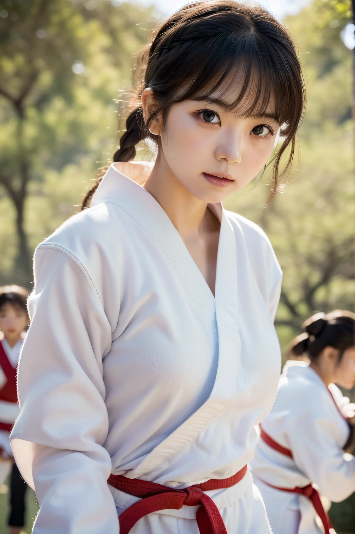 Solo shooting of Eri Kamei of Morning Musume, all around 20 years old, Participate in a sparring match with another karateka. Dressed in a traditional karate uniform, She exudes both cuteness and elegance, When she is preparing to attack or defend、With a focused and determined look. The intensity of the match is palpable, All movements and recoil are highlighted. The image shows realistic realism, Ulutra HD, crisp detail, Vivid colors, and dynamic range. The soft bokeh of the background emphasizes the setting of the dojo, Spectators watching the game. Her white teeth are、Because she concentrates and squeezes them、Looks a little. photography hyperrealism, Highly detailed, high-definition16k, Canon EOS 5D Mark IV DSLR Camera, EF 85mm f/1.8 STM lens, Resolution 30.4 megapixels, ISO sensit: 100, Shutter Speed 1/125 sec, Dynamic front lights that capture the tension of the match, Vibrant colors, Face the other person, High Sharpness, depth of fields, ultra-detailed photography --ar 16:9 - V5.1 --Style raw --Q 2 --S 750.