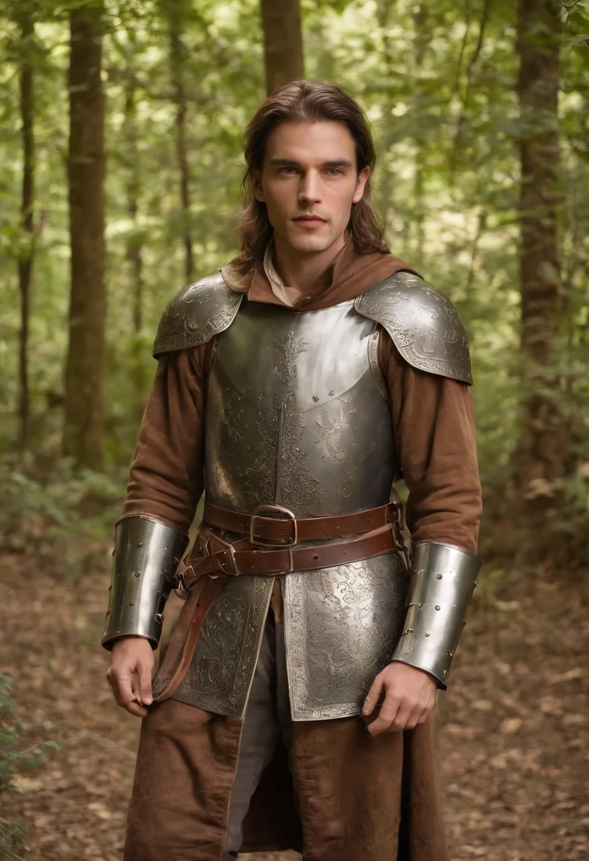 (((Natural light shines through its metallic iron shade))) tez justa, homem em torno de 23 anos musculoso, cabelos pretos naturais, olhos castanhos distintos, steel mesh armor, serio, luz sobre as folhas das arvores da floresta em um ambiente medieval ao ar livre, Ultra sharp focus, tiro realista, roupas masculinas medievais, Mask similar to a shiny metallic iron face, cores tetradicas (cicatriz:1.4)
