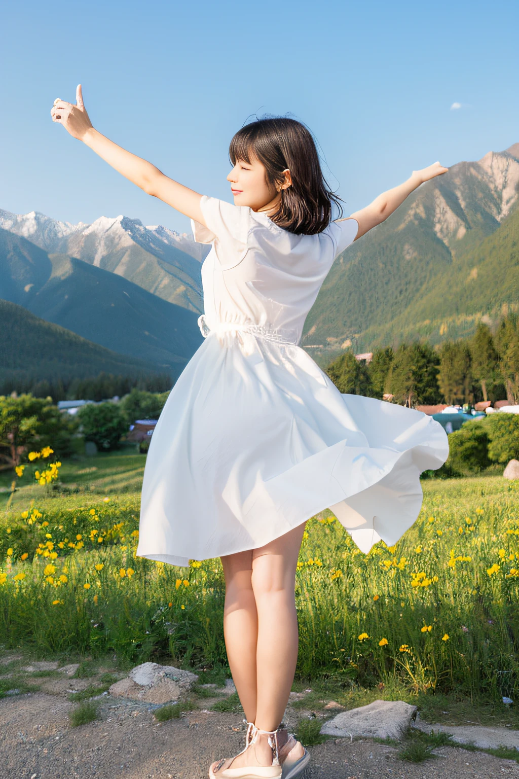 (masterpiece:1.3、high-level image quality、hightquality)、(Beautiful realistic Japan person:1.3),(perfect anatomia、Beautiful perfect limbs、Beautiful skin、Healthy body),(Japanese actressl:1.3、late spring、cute little:1.3)、A dark-haired、bobhair、18year old、Appearance、Engaging pose、、Gravure photography、professional photograpy、blows wind、Breath of the Mountains、serene landscape、Tender love、Neat and clean idol、