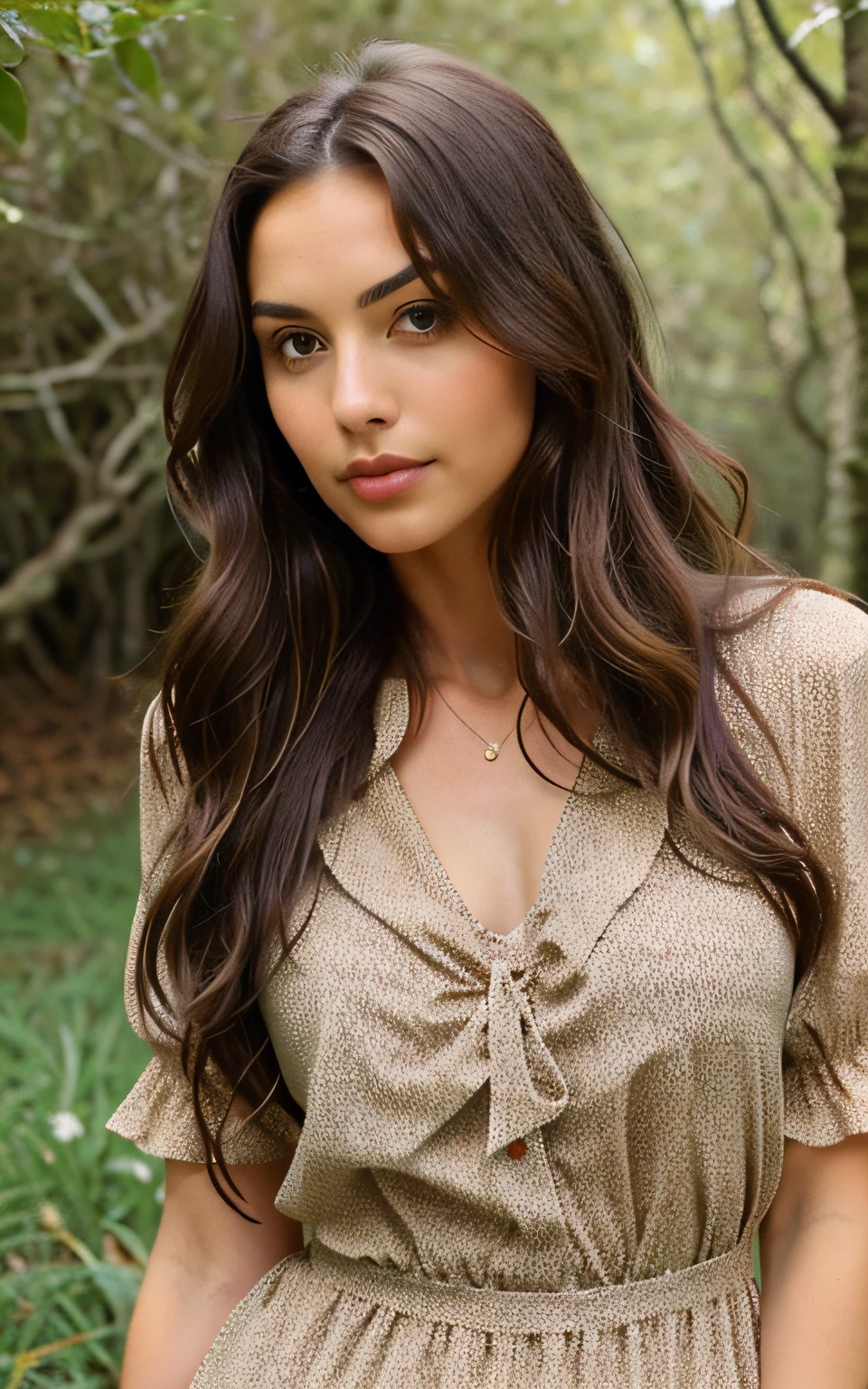 1 femme, Long Wavy Hair, dark brown eyes, nature, top, jupe courte, italie