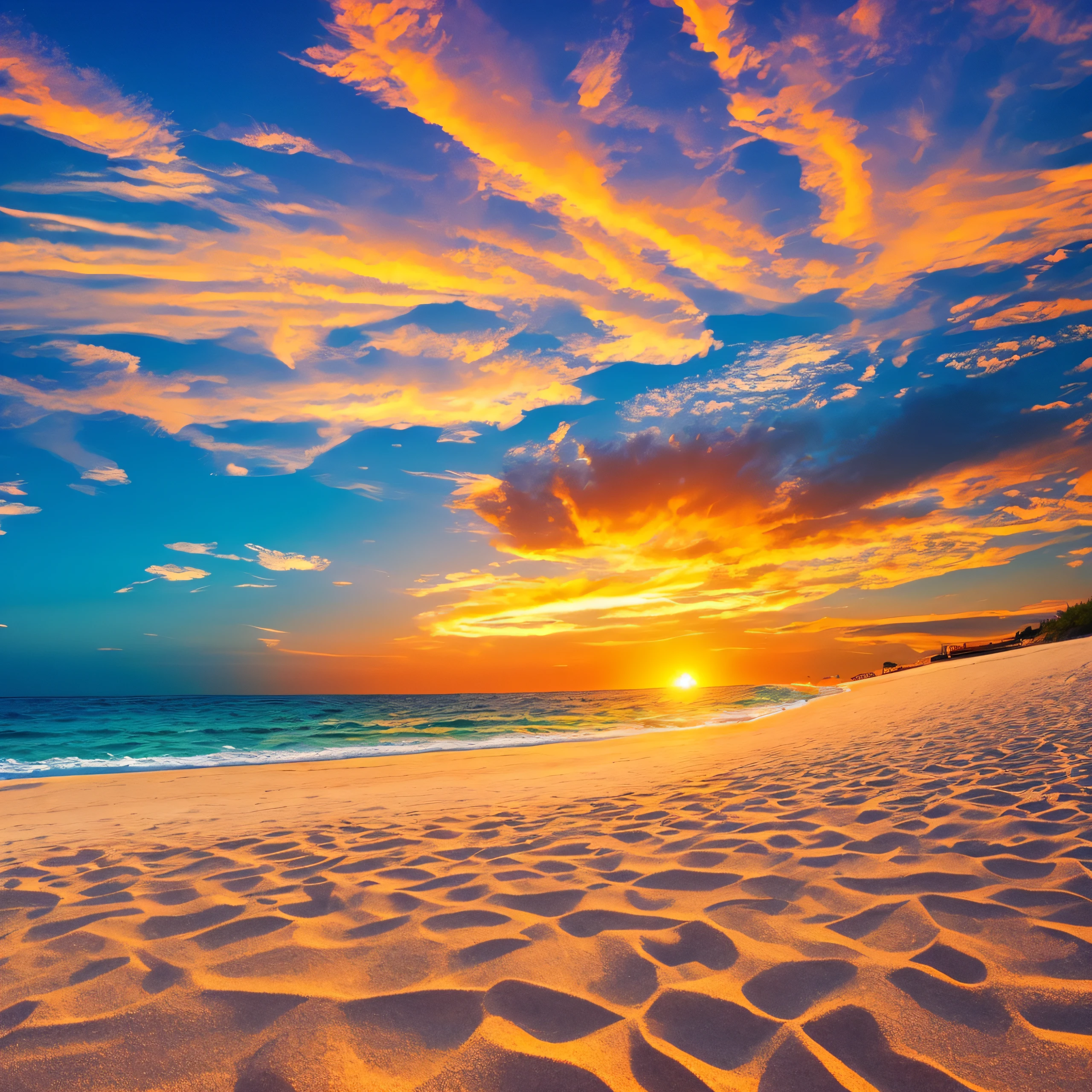 Sunset on the beach, white sand, epic composition, t-shirt design, rzminjourney, vector art