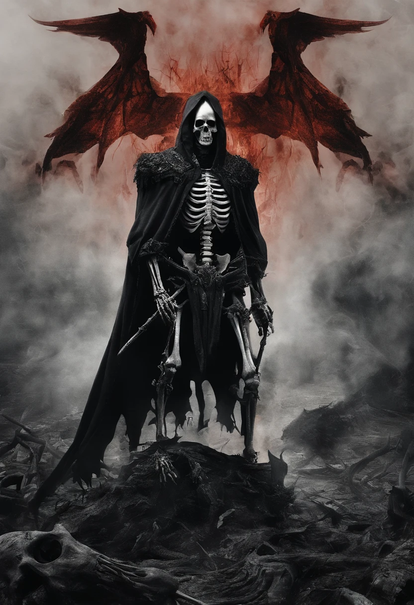 Fine matte painting, skeleton dark angel big wings haunted castle on drawing table full of knives, horror, spookiness, scary, secret horror, tentacles, vines, eyes, uncanny valley effect teeth, limbs, animals, blood moon
