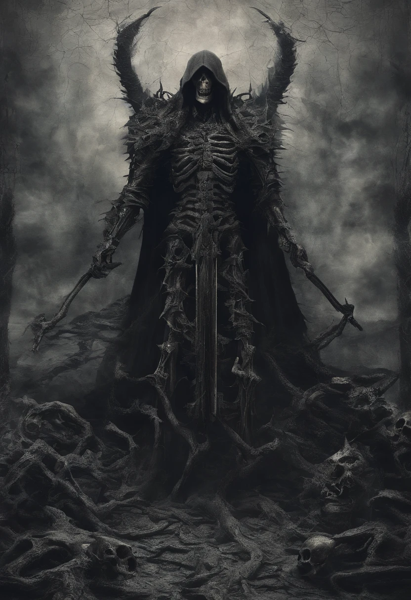 chifres do diabo,Garras,machado de batalha,Ambiente assustador,dentes pontiagudos,Berserker,corpo inteiroesbian,aura poderosa,A strong sense of oppression,incrivelmente detalhado,Esqueleto de olhos vermelhos,The flames of hell are raging,Skeleton Legion,Ultra foto realsisim