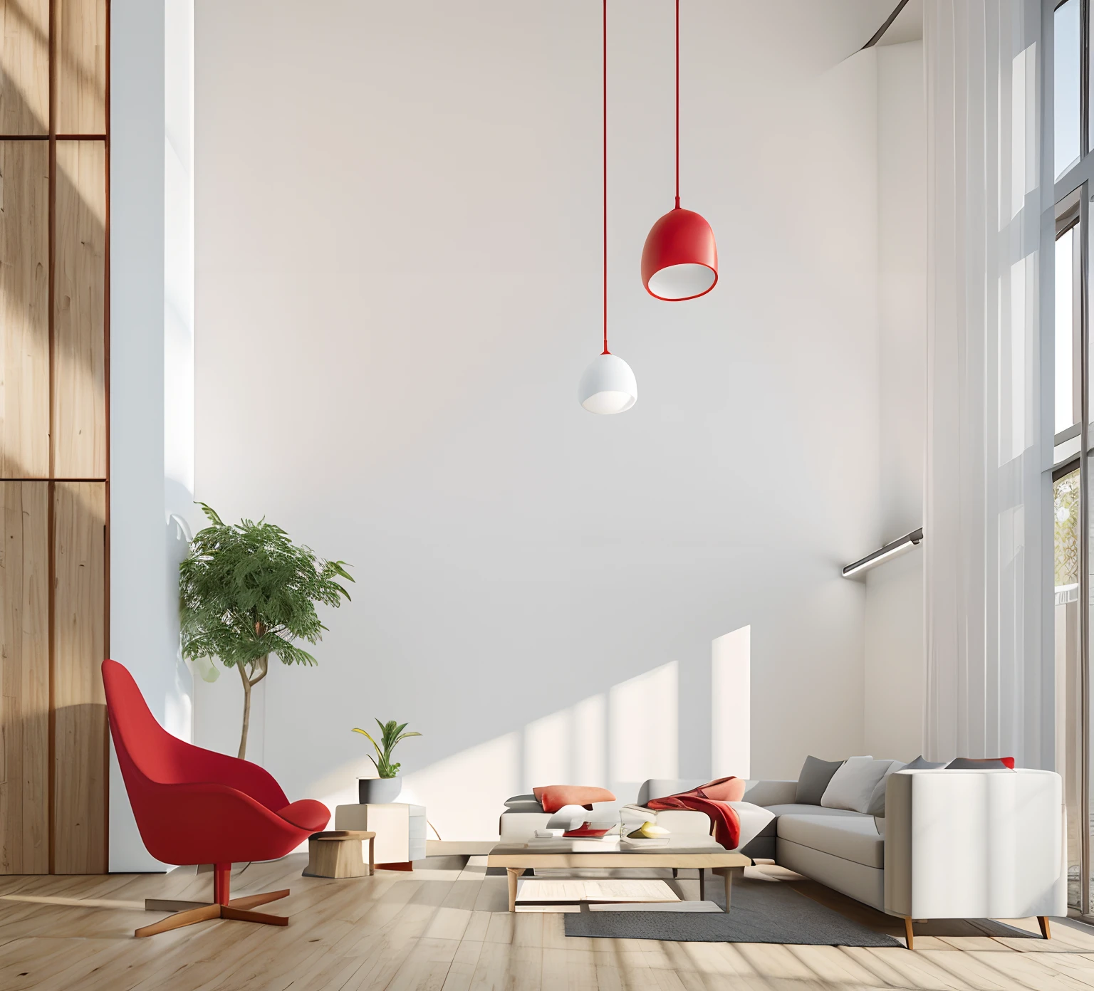 There's a red chair and a red lamp in a room, luz natural no quarto, Volumetric lighting. vermelho, acentos de vermelho, Quarto iluminado, com pano de fundo de luz natural, taken with sony a7r camera, alguns detalhes em vermelho, luz natural cinza suave e vermelha, picture of a loft in morning, pavermelhoe branca interior, bright render, Archviz