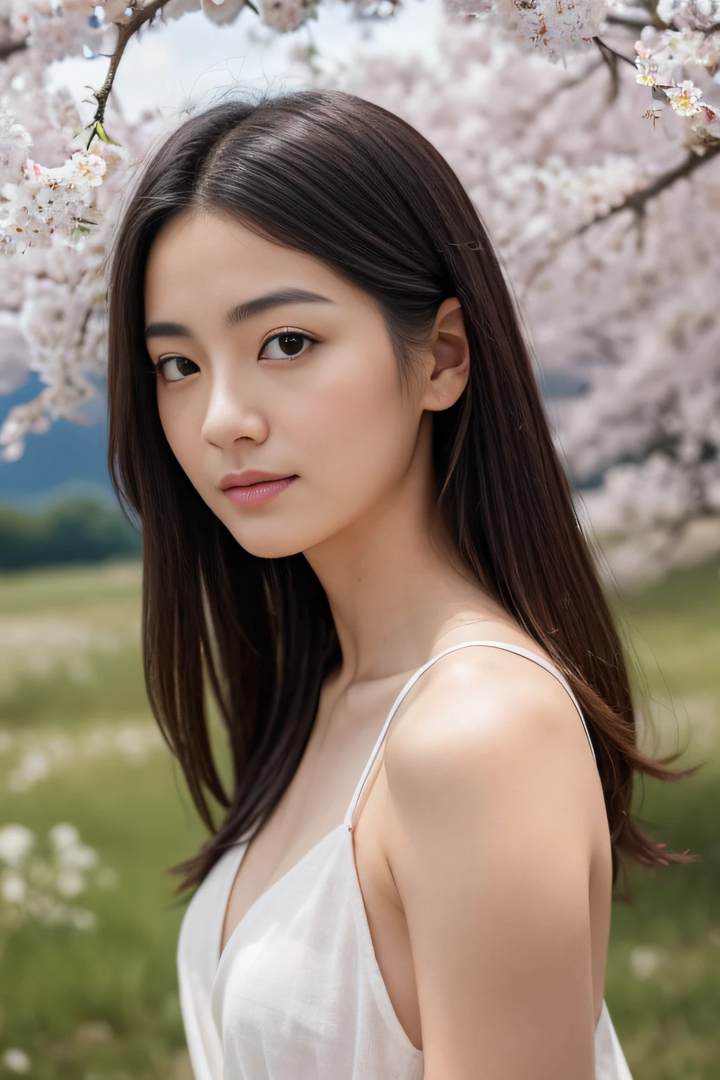 (masterpiece:1.3、high-level image quality、hightquality)、(Beautiful realistic Japan person:1.3),(perfect anatomia、Beautiful perfect limbs、Beautiful skin、Healthy body),(Japanese actressl:1.3、late spring、cute little:1.3)、A dark-haired、bobhair、18year old、appearance、Engaging pose、、Gravure photography、professional photograpy、blows wind、Breath of the Mountains、serene landscape、Tender love、Neat and clean idol、