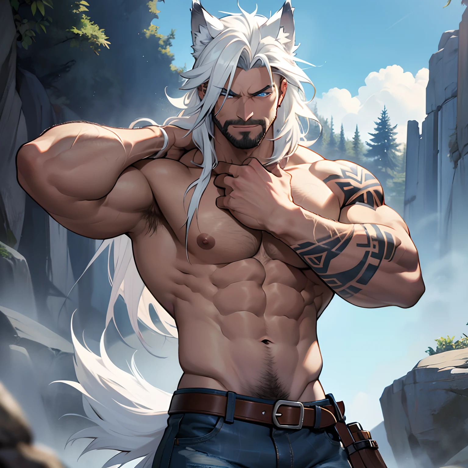 Muscular shirtless male wearing just a pair of torn jeans, has long white hair, has wolf ears, has light beard stubble, has wolf tail, solo, alone, (SOLO)(ALONE) shirtless, no shirt, (SHIRTLESS)(NO SHIRT), mystic backround, covered in tribal tattoos, wearing leather belt, blue eyes, jumping up high