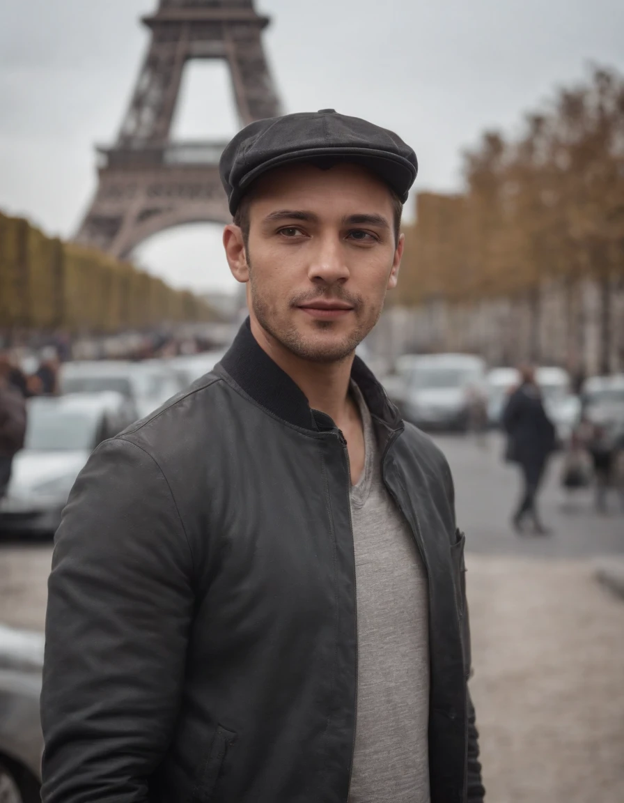 A man with cap standing on the street in France, Eiffel Tower, multiculturalism, sigma 85mm f/1.4 dg hsm art,