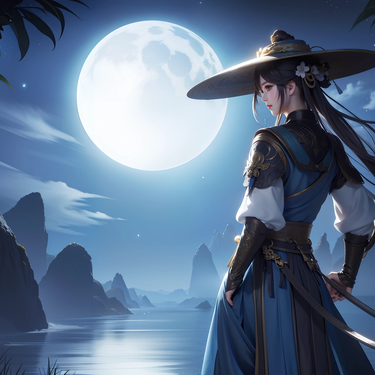 Close-up of a teenage girl in a hat and dress standing in front of a full moon, 4K anime wallpaper, Anime wallpaper 4 k, Anime wallpaper 4K, 2. 5 D CGI anime fantasy artwork, 4k manga wallpapers, full-body wuxia, Wuxia, masamune, Beautiful wallpaper, Anime art wallpaper 4 K，Chinese ancient style