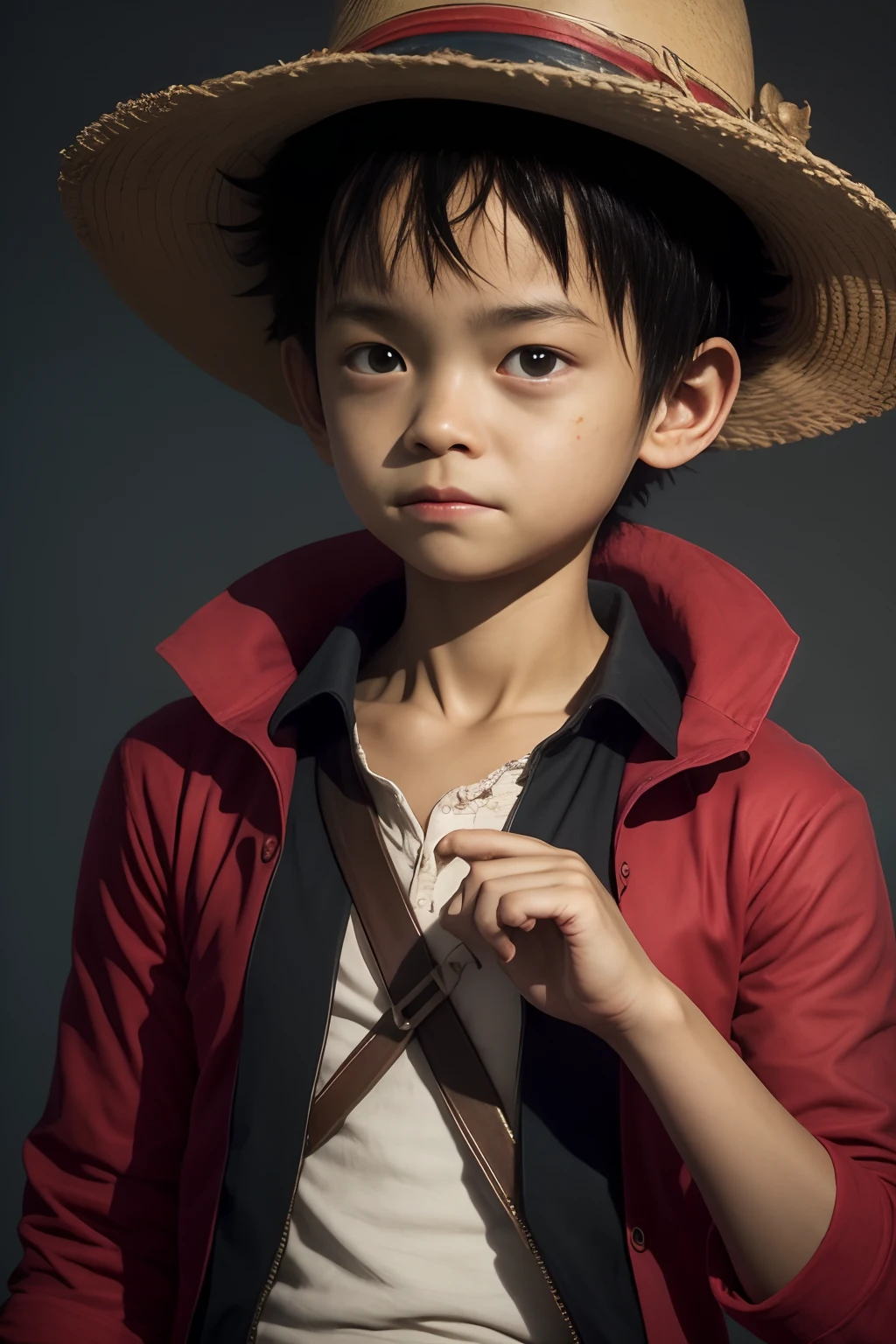 Luffy has black shaggy hair, round black eyes, and a slim muscular build. He is renowned for his trademark straw hat, which was lent to him when he was young by the legendary pirate captain, "Red-Haired" Shanks,[35] who in turn received it from Gol D. Roger.[43] Luffy wears an open, long-sleeved red cardigan with four buttons, with a yellow sash tied around his waist (somewhat reminiscent of Gol D. Roger's outfit). Luffy also has a (scar underneath his left eye), which he earned as a  by stabbing his face to show Shanks that he was tough enough to be a pirate.[44] He was severely wounded by Akainu in the Summit War of Marineford,[45] leaving a large scar on his chest.[46]