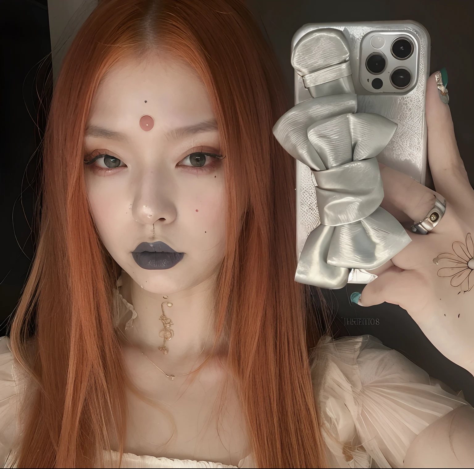 There's a red-haired woman holding a cell phone, cruel korean goth girl, Inspirado en el anime, Maquillaje Kumadori, pale porcelain white skin, Bubble gothic makeup, Porcelana piel blanca, ulzzang, 1 7 - year - old anime goth girl, inspirado por Aya Goda, mirada aterradora, Sci - Fi Look, Estilo anime mezclado con Fujifilm