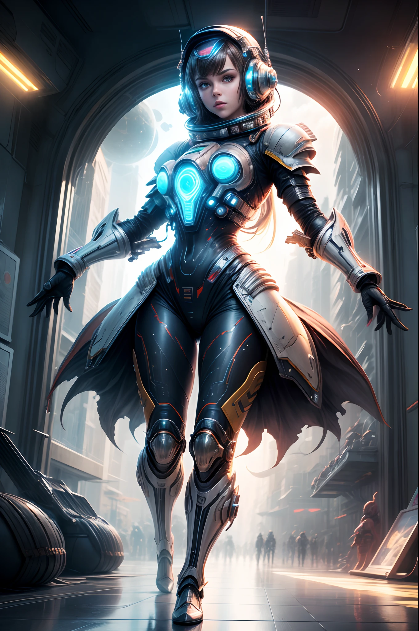 "Sci-fi book cover, girl in (space armor), futuristic setting, retro-futuristic aesthetics, dynamic pose, (luminous glow), 80's sci-fi nostalgia, striking visuals"