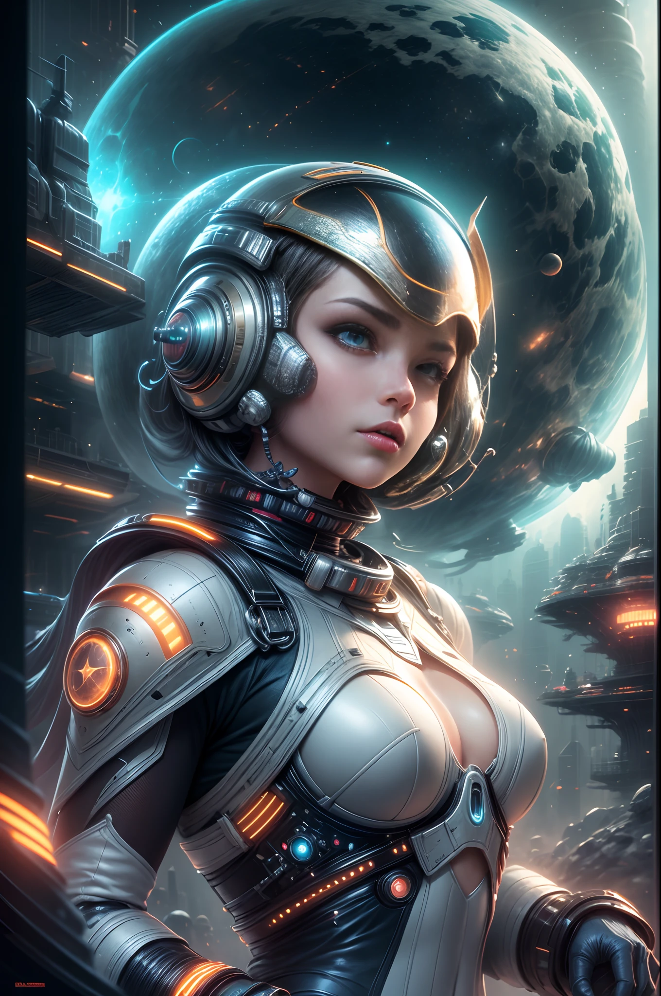 "Sci-fi book cover, girl in (space armor), futuristic setting, retro-futuristic aesthetics, dynamic pose, (luminous glow), 80's sci-fi nostalgia, striking visuals"