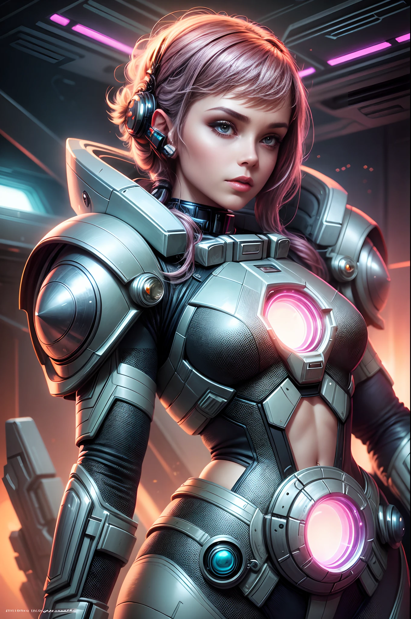 "Sci-fi book cover, girl in (space armor), futuristic setting, retro-futuristic aesthetics, dynamic pose, (luminous glow), 80's sci-fi nostalgia, striking visuals"