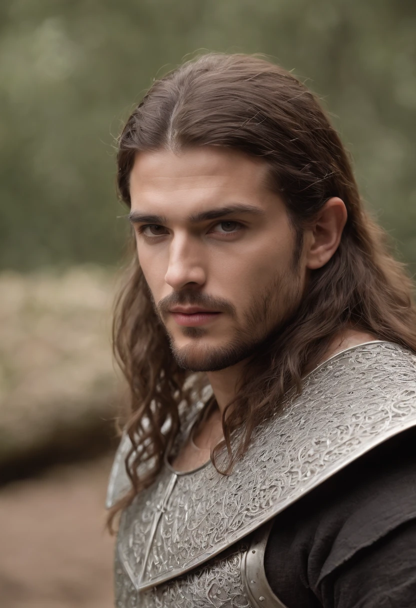 (((Natural light shines through its metallic iron shade))) tez justa, homem em torno de 23 anos, cabelos pretos naturais, olhos castanhos distintos, steel chain mail reinforcement, serio, luz sobre as folhas das arvores da floresta em um ambiente medieval ao ar livre, Ultra sharp focus, tiro realista, roupas masculinas medievais, Mask similar to a shiny metallic iron face, cores tetradicas (cicatriz:1.4)