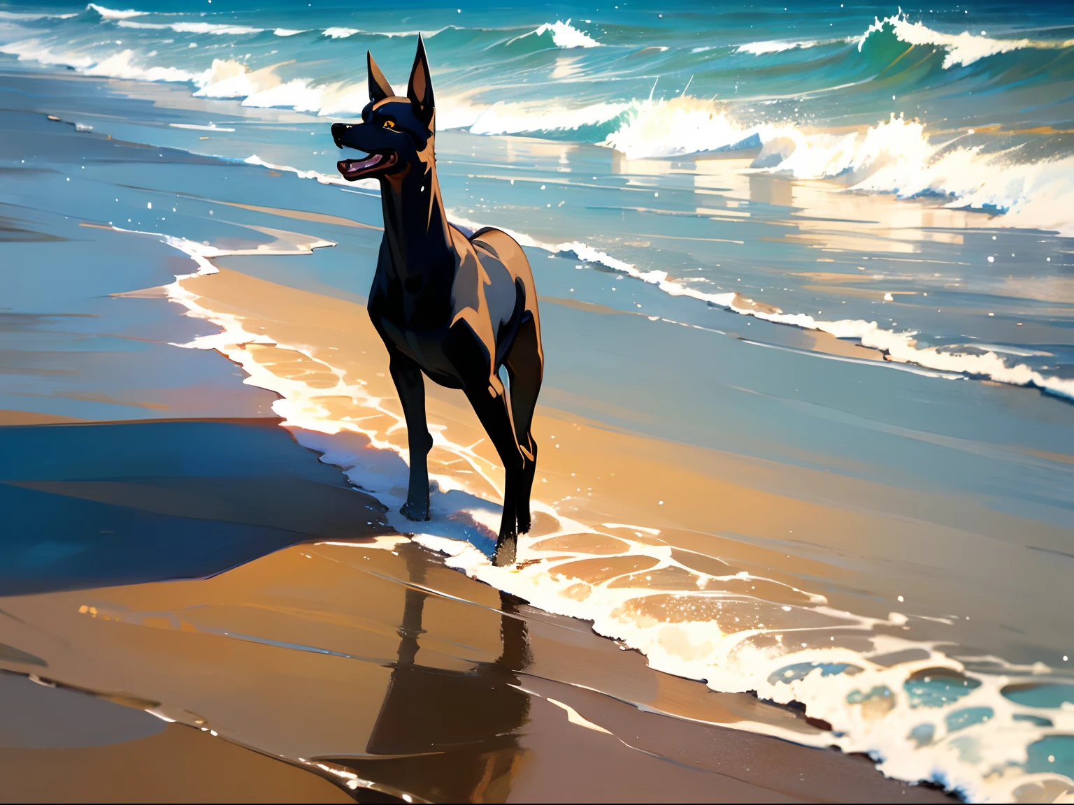 Doberman, standing on 4 legs in the water near the seashore. Splashing waves, Water reflections, rays of sunshine, beautiful clouds