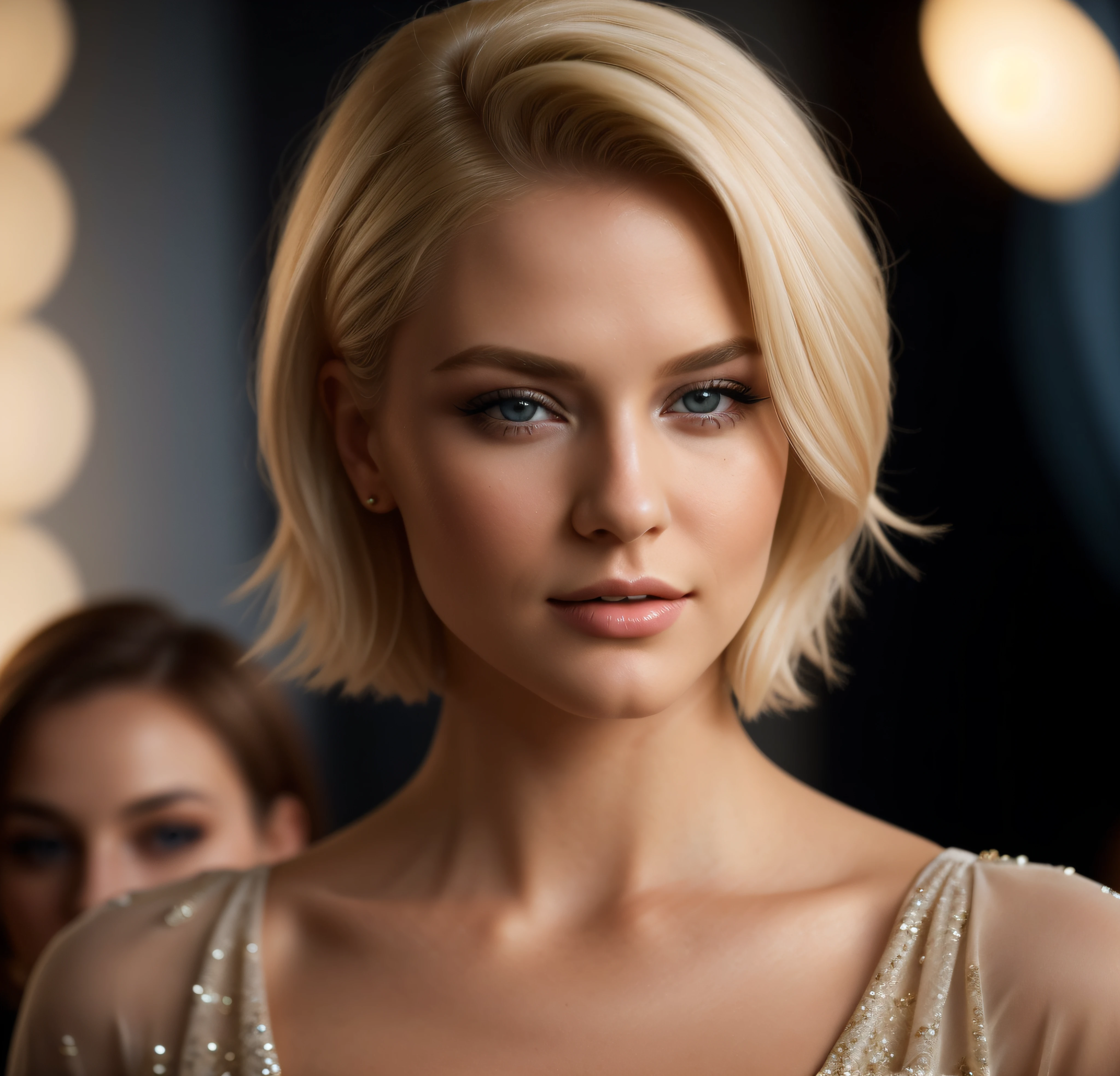 a close up of a woman with a blond bob with a dress on, jaw-dropping beauty, perfect face model, jaw dropping beauty, beautiful model, portrait of a beautiful model, photo of a beautiful woman, stunning portrait, stunning face, blond bob haircut, breathtaking face, short blond hair, short slicked - back hair, blonde short hair, sleek blond hair