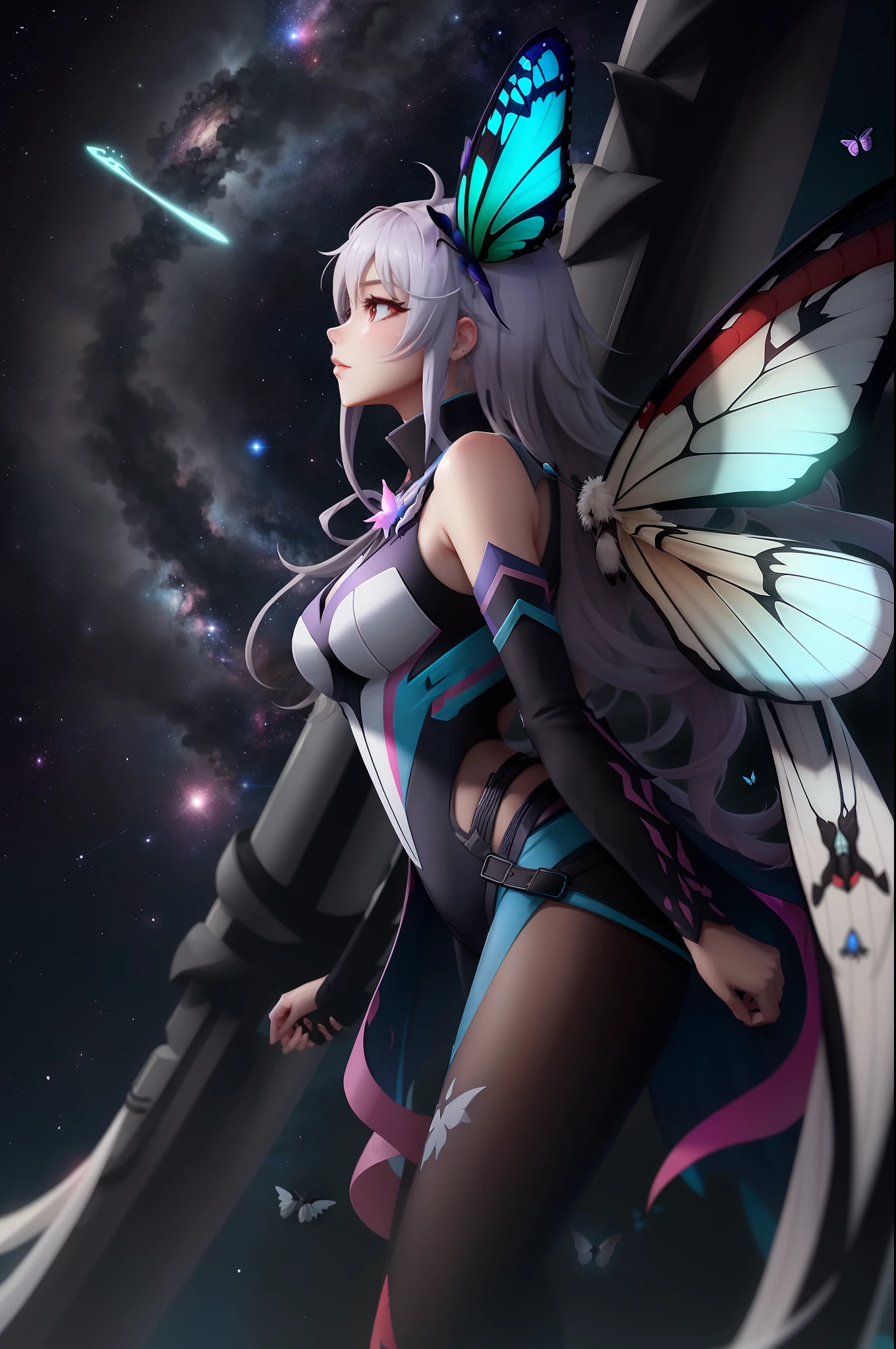 1girll, adolable, whaite hair,Rainbow pupils,ultra - detailed, (s fractal art:1.4), rich colourful, detailed back ground, (Fractals in the background:1.2), Space and stars, Butterfly wings on her back, hight contrast, Ray traching, cinmatic lighting, (Start from the front:0.6)