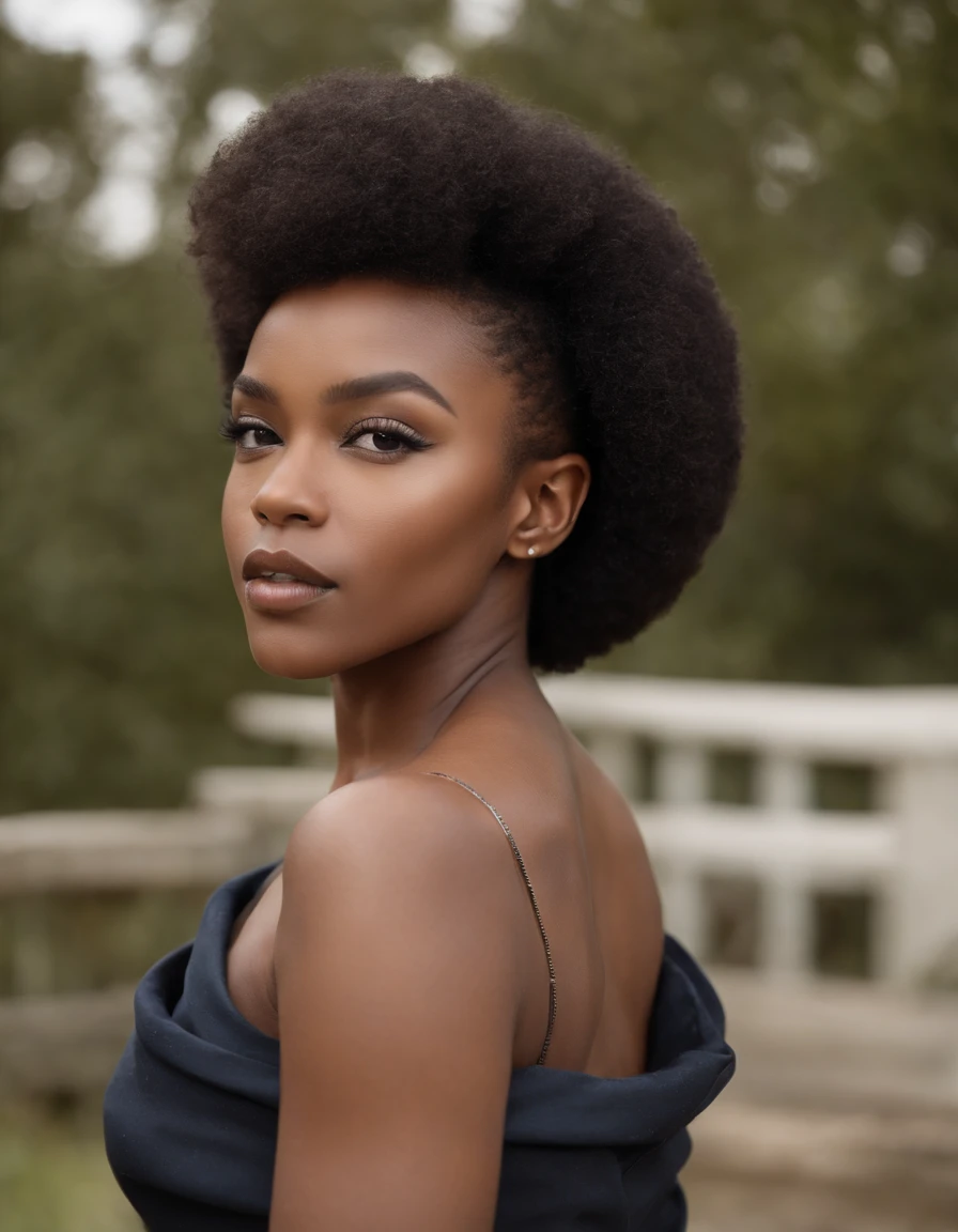 4k, photo reel, Photo ultra réaliste, meilleur qualité, très détaillée, sexy, une belle jeune femme noire, 20 ans, foncé de peau, cheveu bouclé attaché, sans filtre de beauté, naturelle, detailed eyes, photo portrait, photo identité