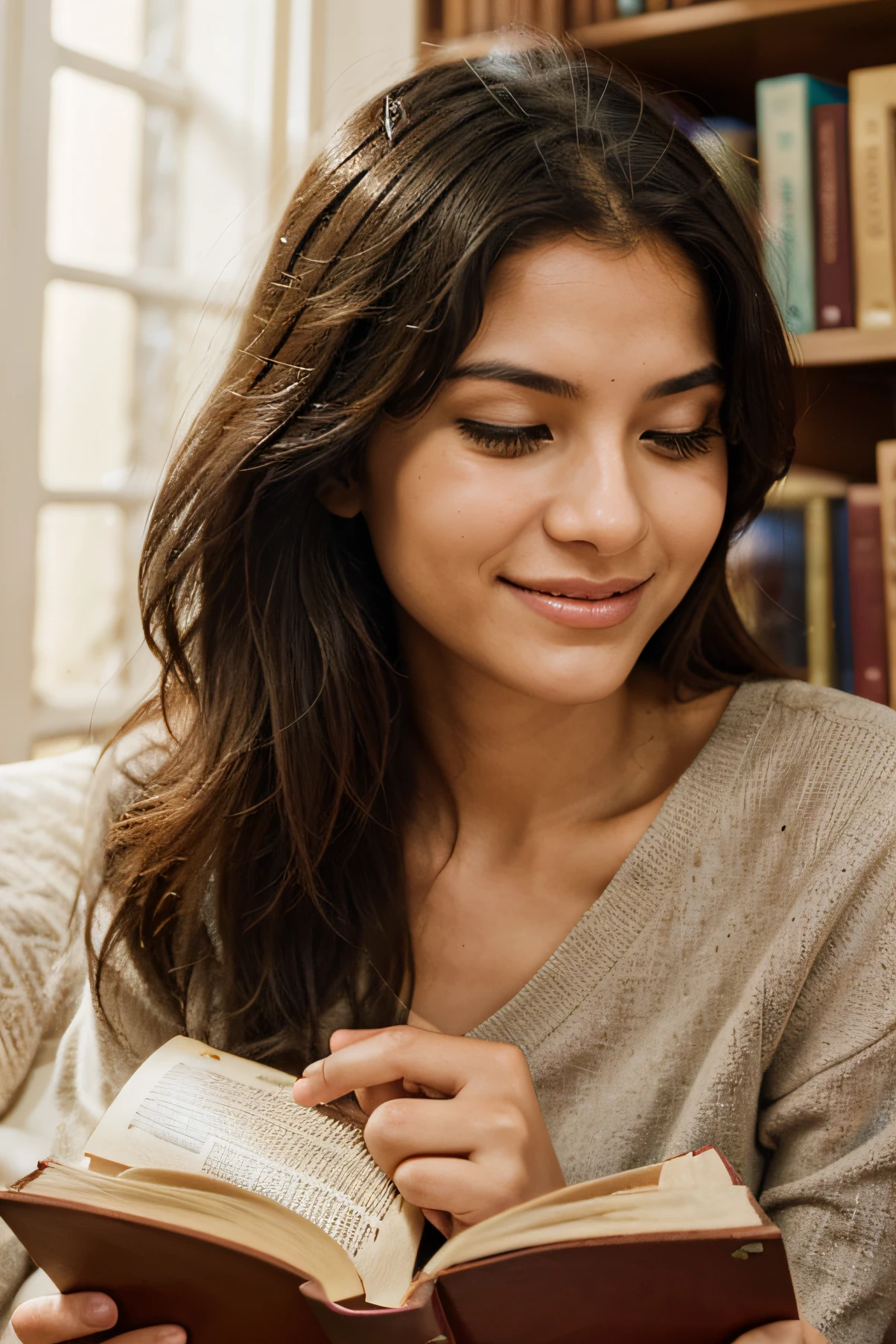 Capture someone engrossed in reading a sacred book, with a gentle smile of enlightenment on their face, highlighting the importance of spiritual guidance.