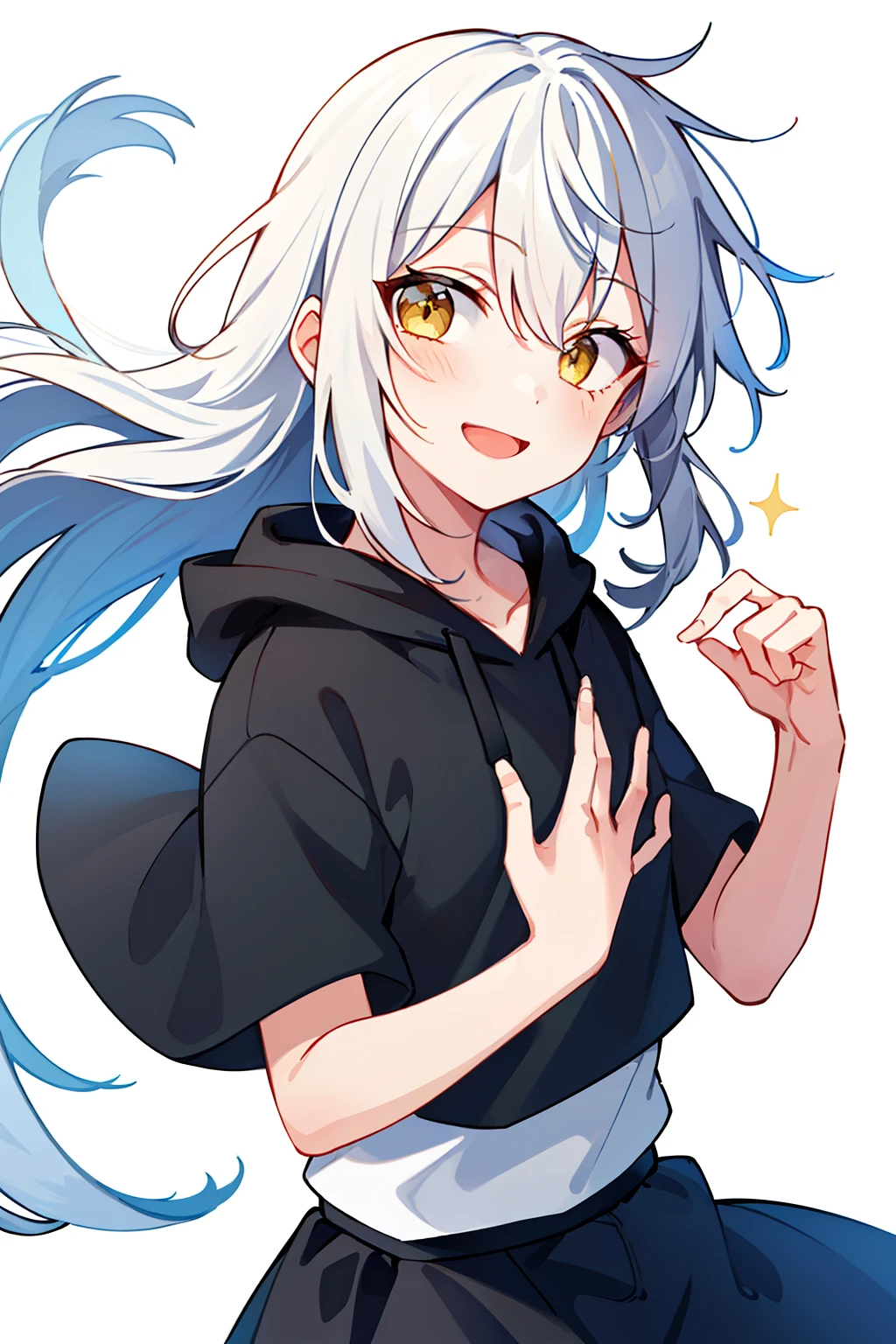 (high-quality, breathtaking),(expressive eyes, perfect face), 1girl, girl, solo, short, young girl, long white hair, yellow eyes, smile, black hoodie, white background , She wears a black skirt