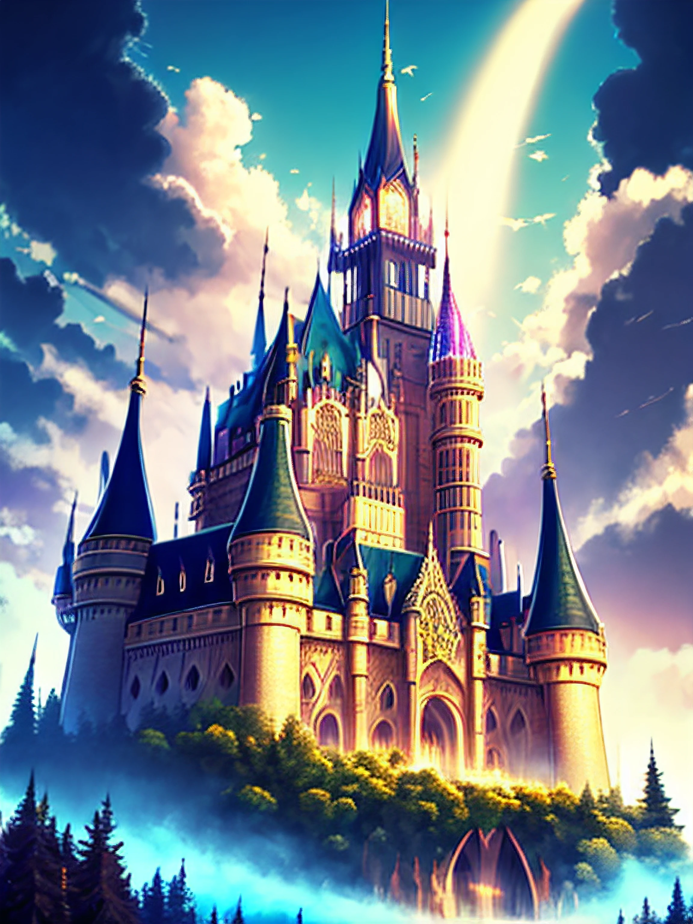 Big castle、busy、with light glowing、opulent、masterpiece、vivid
