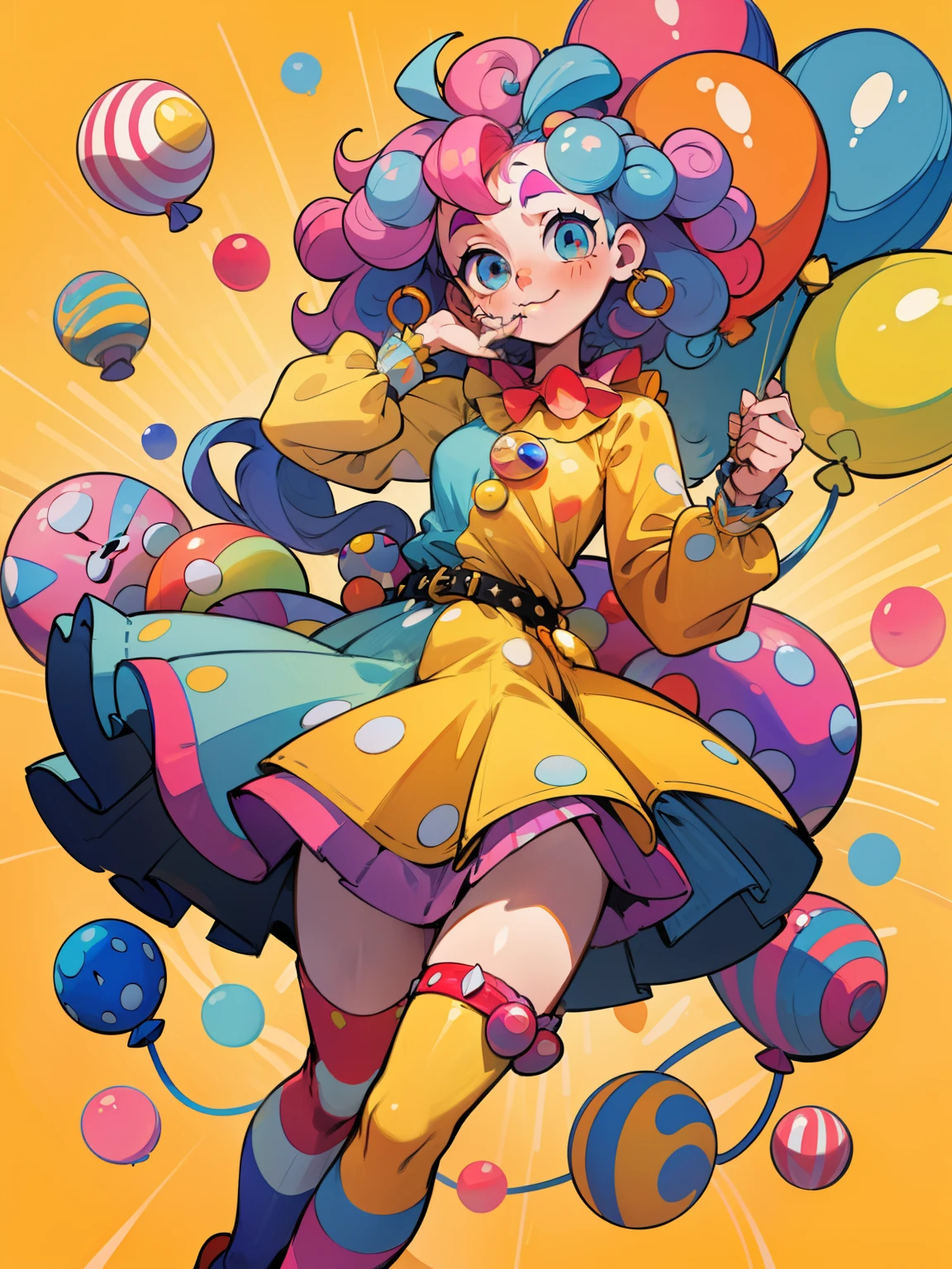 masterpiece, best quality, 8k resolution, sharp focus, intricate detail, beautiful girl, sparkling eyes, golden ratio face, watercolor, pastel colors, bright colors, whimsical, colorful, sharp focus, high resolution, fine detail, ((short puffy long sleeve clown dress)), ((red studded belt)), ((blue and yellow stripes on dress)), bow on back of dress, ((thigh high mismatched blue and white socks)), ((round eyes)), Character design sheet of a clown girl, finely detailed, (best quality), (intricate details), multicolored, big blue and pink curly hair, ((big poofy hair)), ((lots of ringlet curls in hair)), best quality, beautiful face, smile, full body, pinup, perfect face, holding enormous, oversized balloon. colorful balloon, simple background.