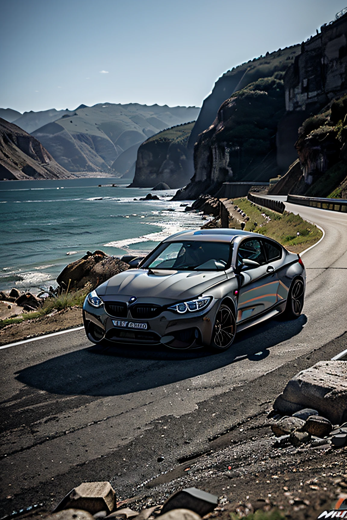 a modified BMW M4 car running on the rocks, 3d animated