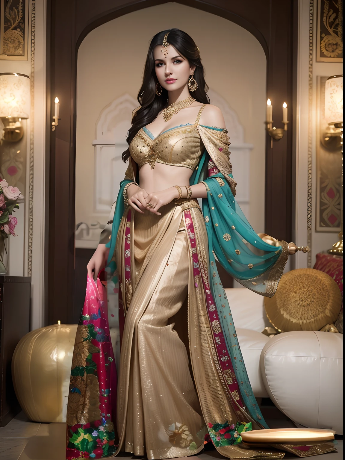 (best quality,4k,8k,highres,masterpiece:1.2),extremely detailed eyes and face,beautiful detailed lips,longeyelashes,charming smile,golden accessories,silver accessories,ornate jewelry,exquisite embroidery,rich fabric,elaborate patterns,rich colors,flowing fabric,alluring pose,regal beauty,Mughal era-inspired background, attire,golden and silver accents,highly detailed textures,portrait,erotic art inspiration,Mughal fashion,exquisite drapery,shimmering fabric,grandeur and elegance,dramatic lighting,pure indulgence,opulent beauty