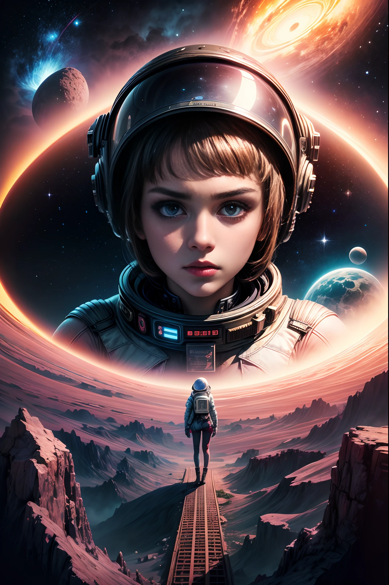 "80's sci-fi novel, striking cover art, young girl in space, cosmic adventures, starship, retro-futurism, neon lights, intense atmosphere, (otherworldly) landscape"