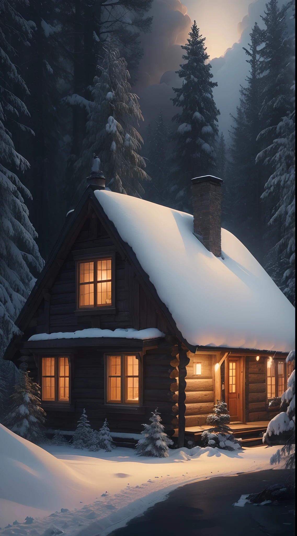 Design an embroidery effect image of a cozy cabin in a snowy forest, with smoke coming out of the chimney and a warm glow emanating from the windows. --auto