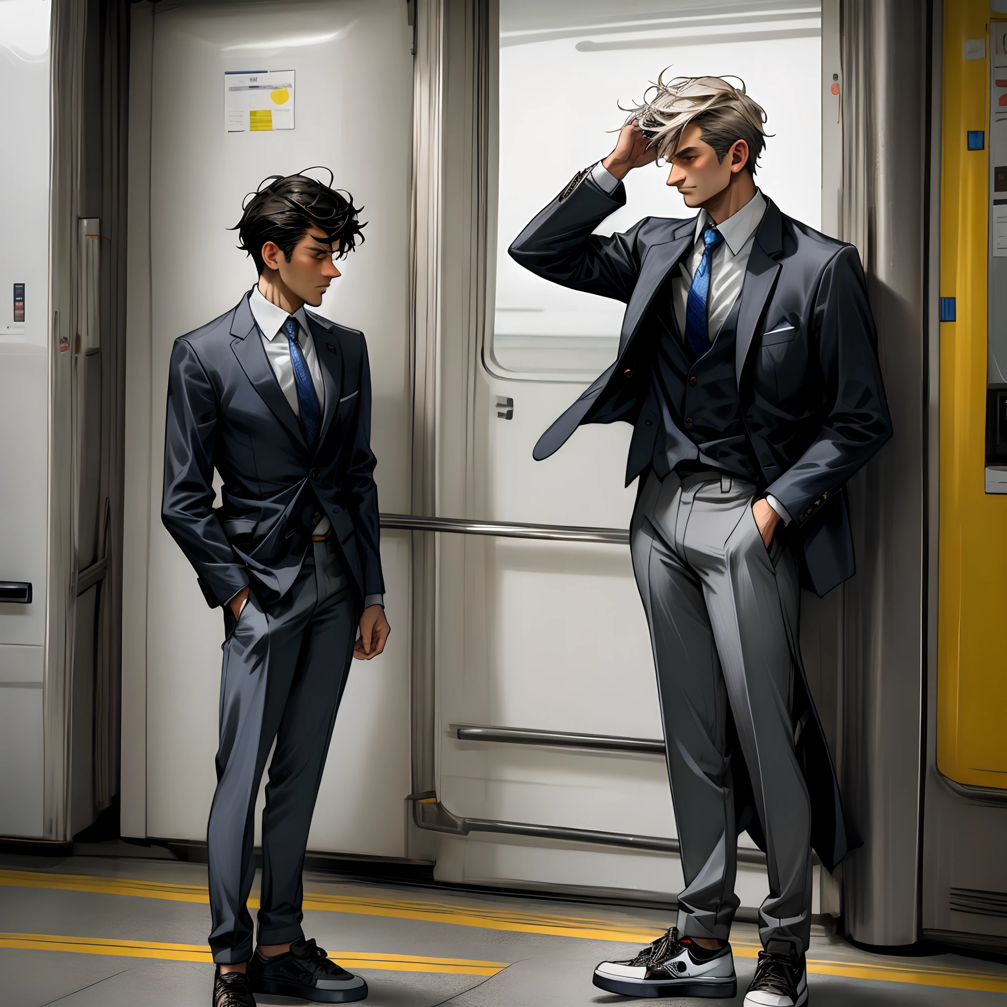 A european man dressed in smart casual, dark suit, white shirt, no tie, light grey trousers, sneakers
