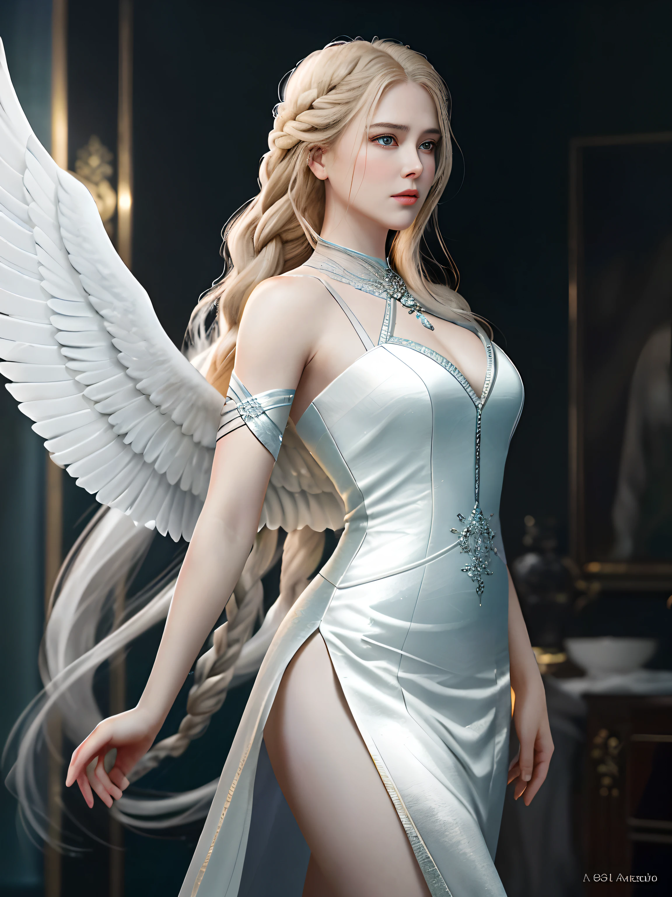 Looks like Anushka Shetty,(Masterpiece, Best Quality, Realism, High Detail, Octane Rendering, Unreal Engine, 8k HD, Ultra Detail, Realistic Skin Texture, Best Quality, Ultra High Resolution, Original Photos, Dramatic Lighting, Unreal Engine, Diffuse Glow, Dynamic Pose), A Female Archangel with Beautiful Features May Have a Striking Ethereal Look, Nicole Kidman's face in her youth, that will inspire awe and wonder for anyone who sees her. She may have a pair of harsh blue or green eyes that seem to radiate an inner glow, with long lashes brushing over her delicate cheekbones. Her skin may be a porcelain pale, with a soft rosy blush highlighting her high cheekbones.
Her hair may be long and flowing, strands of blonde or silver hair shining like stars in the sun. It may be braided into intricate braids or loose waves cascading down her back, or it may be pulled back into an elegant updo to show off her elegant neck.
Her wings will be spectacular, her feathers as white as snow, shining with an otherworldly light. They may be large and imposing, giving her an aura of strength and majesty, or perhaps delicate and complex, reflecting her refined and elegant nature.
In short, a female archangel with beautiful characteristics will be a vision of divine beauty that radiates grace, power, and wonder in all who see her.