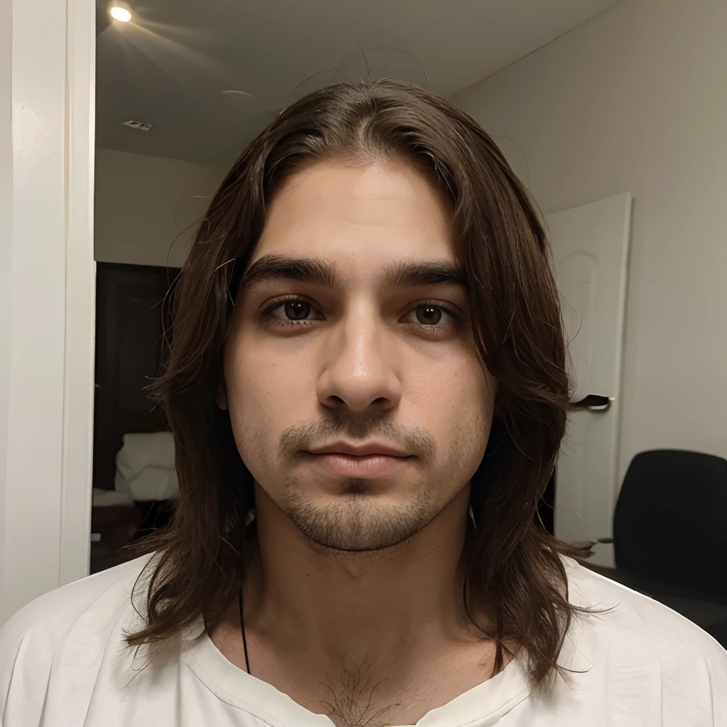 Cara branco um pouco gordinho cabelo liso curto cor do cabelo castanho escuro